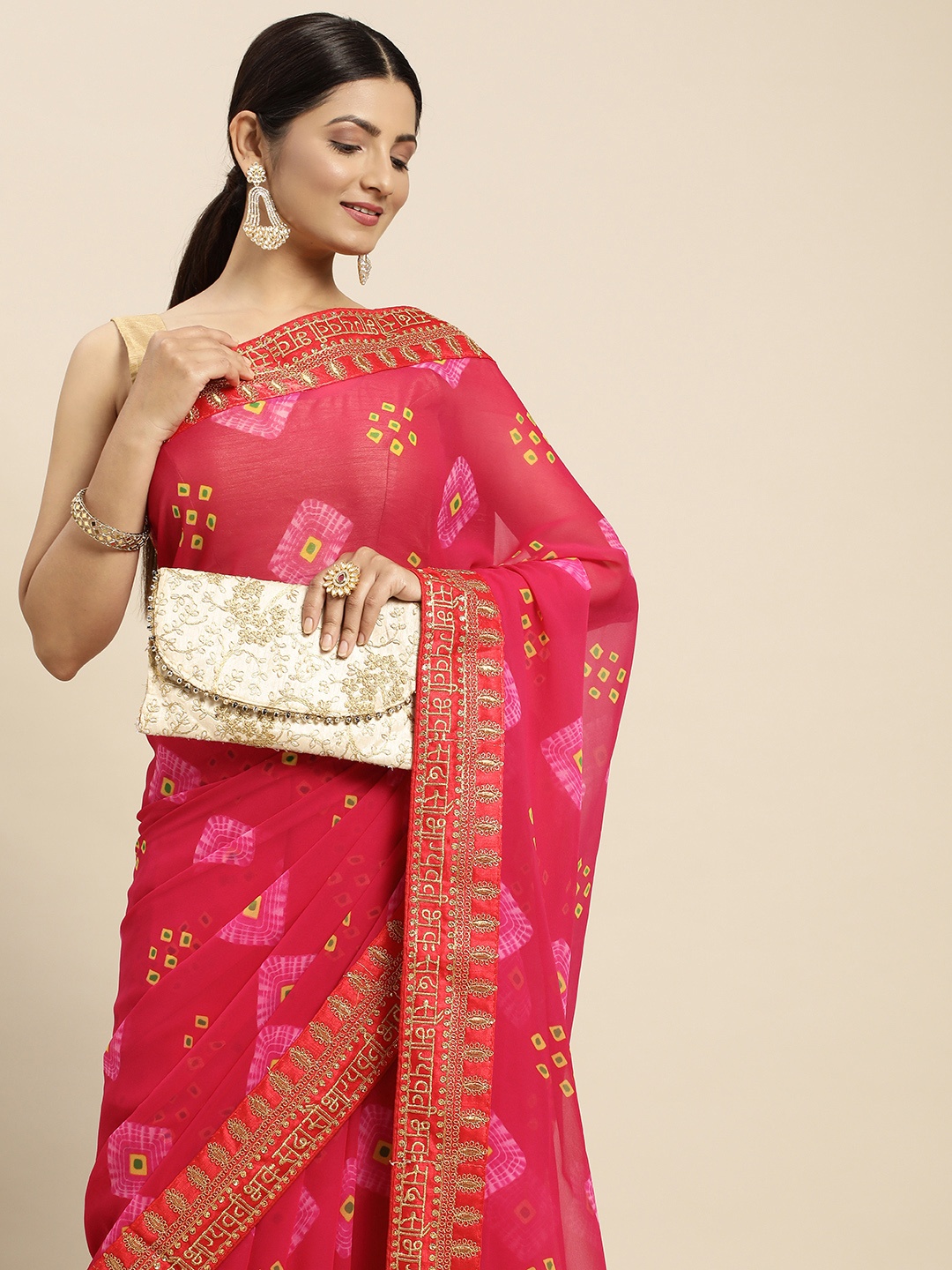 

VASTRANAND Embroidered Bandhani Saree, Pink