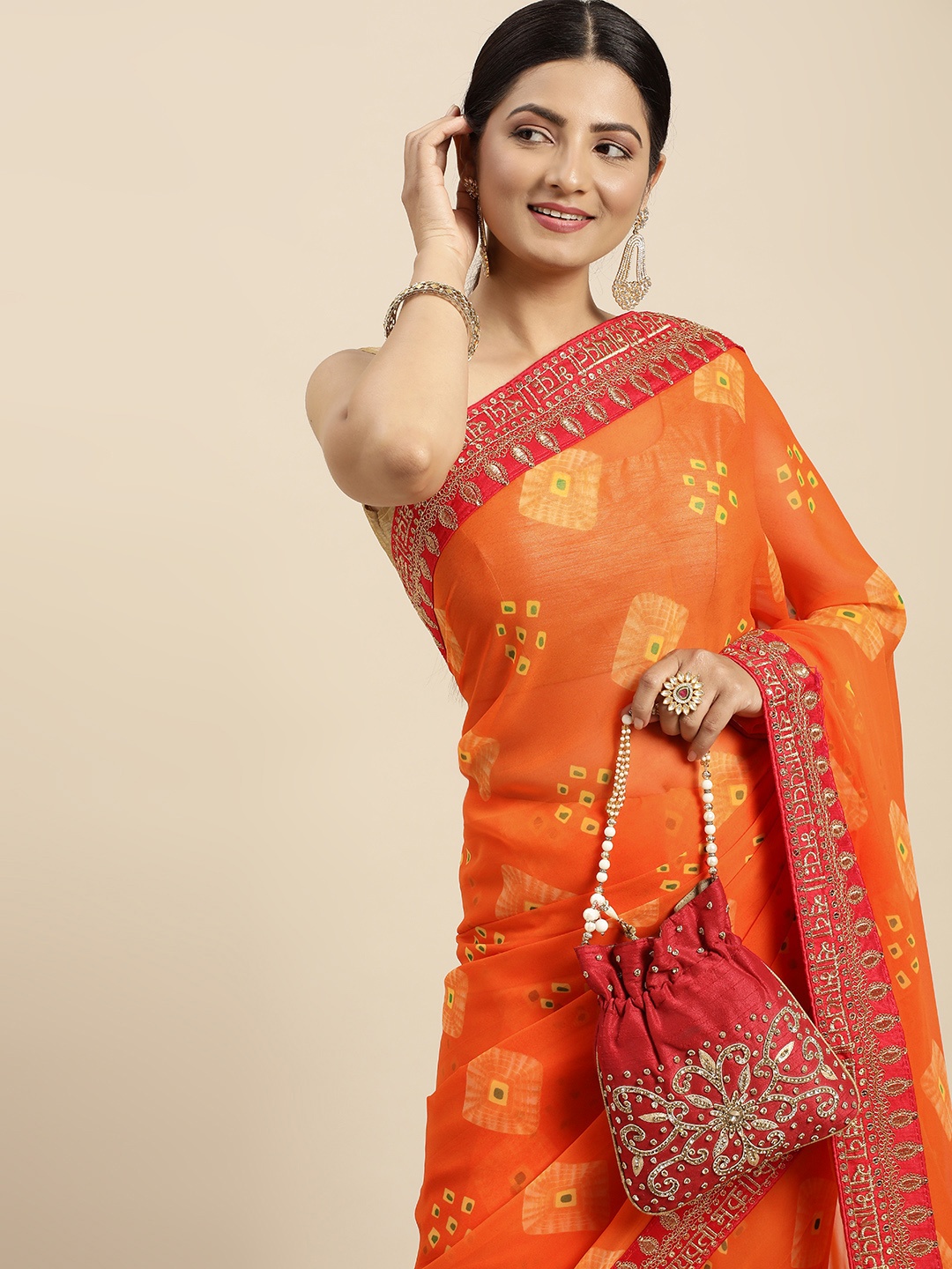 

VASTRANAND Embroidered Bandhani Saree, Orange