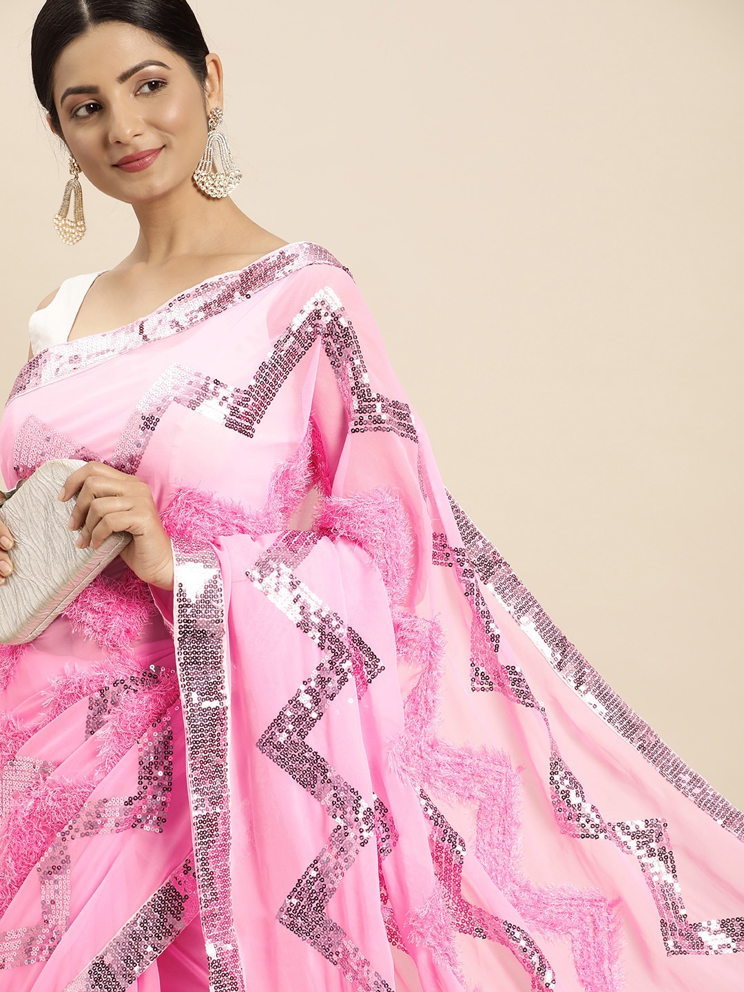 

VASTRANAND Floral Sequinned Saree, Pink