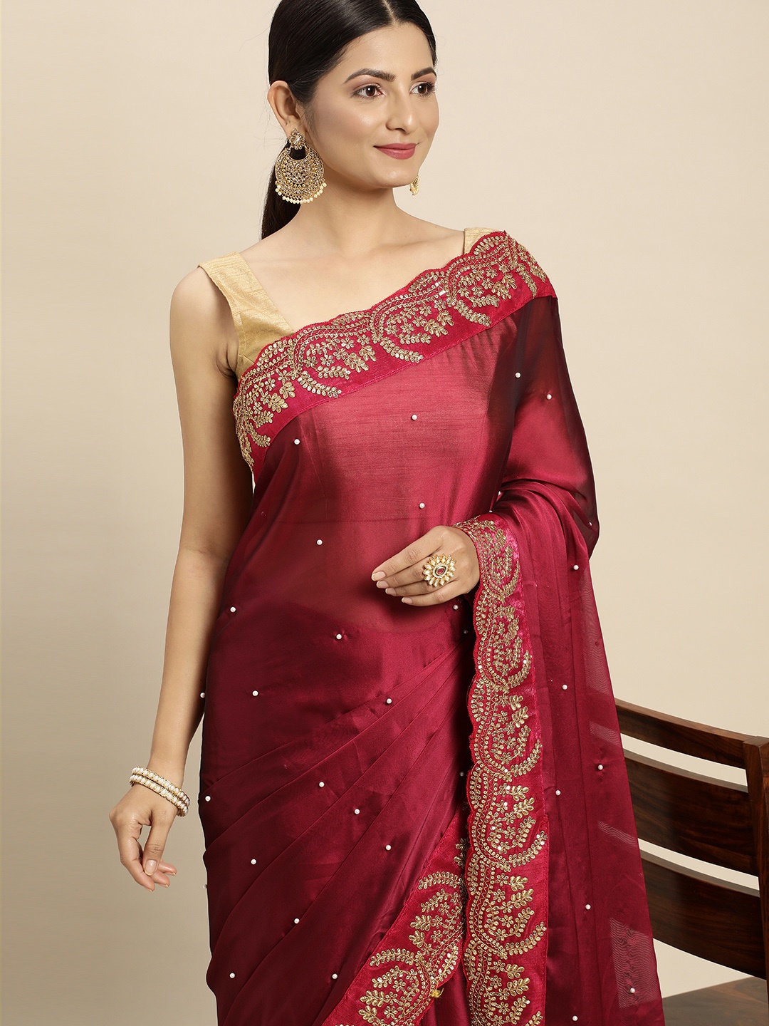 

VASTRANAND Embellished Embroidered Satin Saree, Burgundy