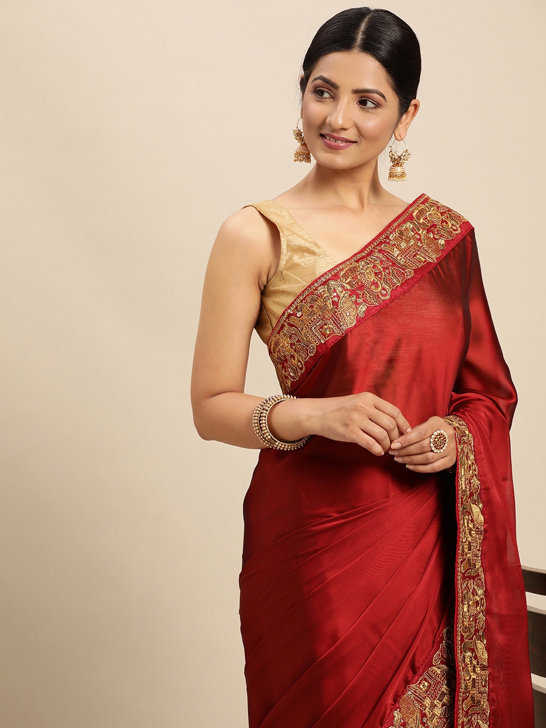 

VASTRANAND Woven Design Aari Work Satin Saree, Maroon