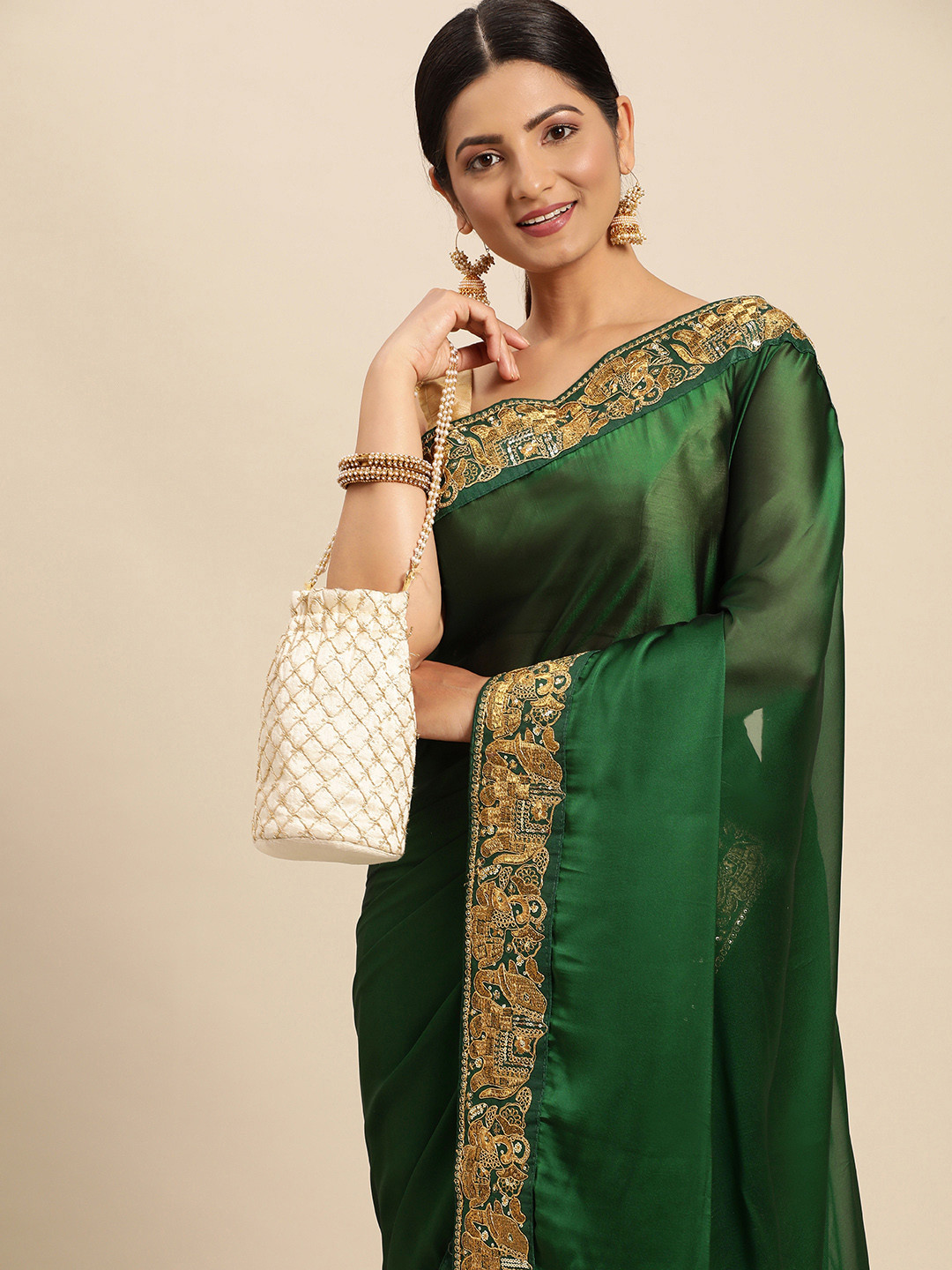 

VASTRANAND Woven Design Aari Work Satin Saree, Green