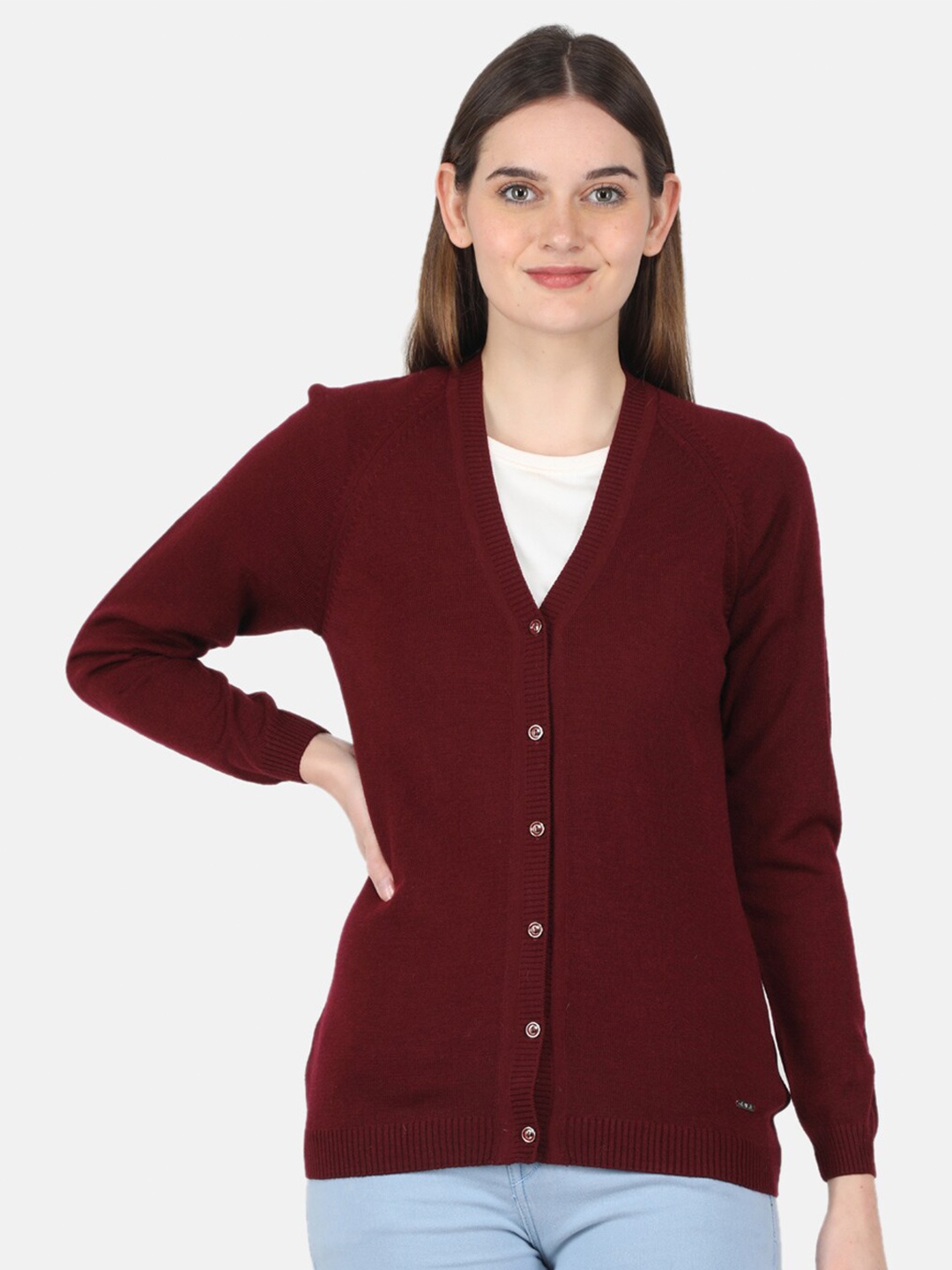 

Monte Carlo Cardigan Curved V-Neck Sweaters, Maroon