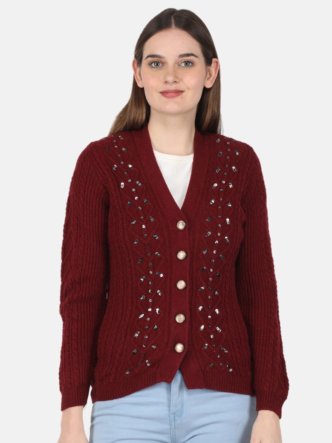 

Monte Carlo Women Wool Cable Knit Cardigan, Maroon