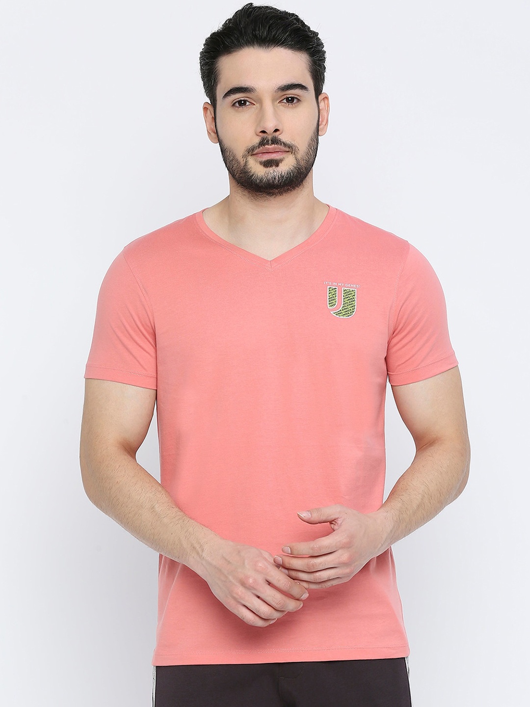 

UnderJeans by Spykar Men Cotton Typography Printed V-Neck T-shirt, Coral