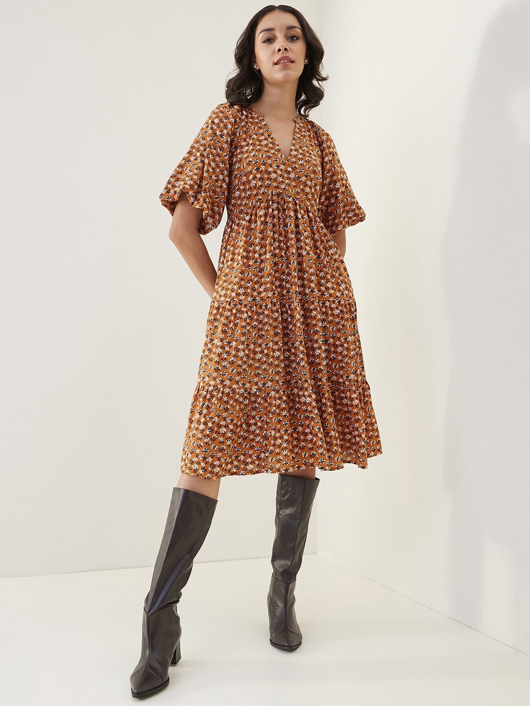 

Femella Animal Print Flared Sleeve Fit And Flare Dress, Brown