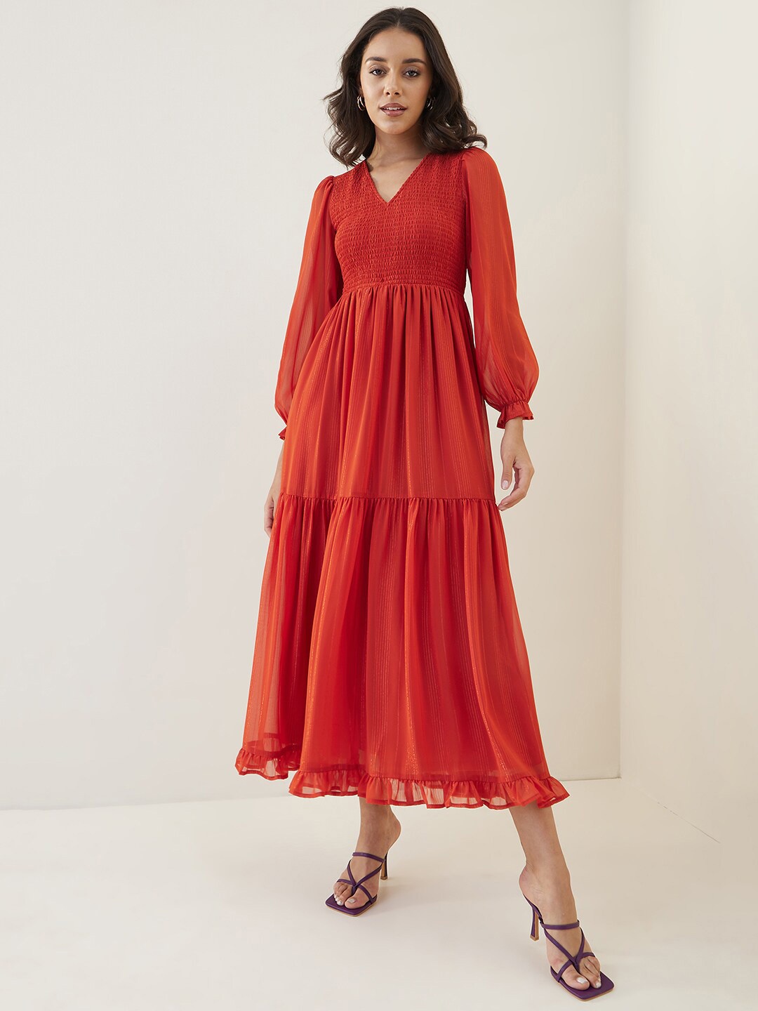 

Femella Smocked Tiered Fit And Flare Dress, Rust