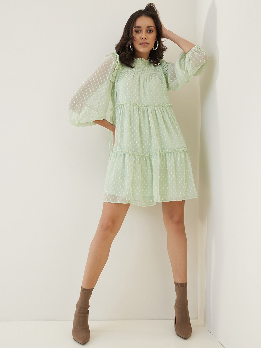 

Femella Tiered Smocked Bell Sleeve A-Line Dress, Green