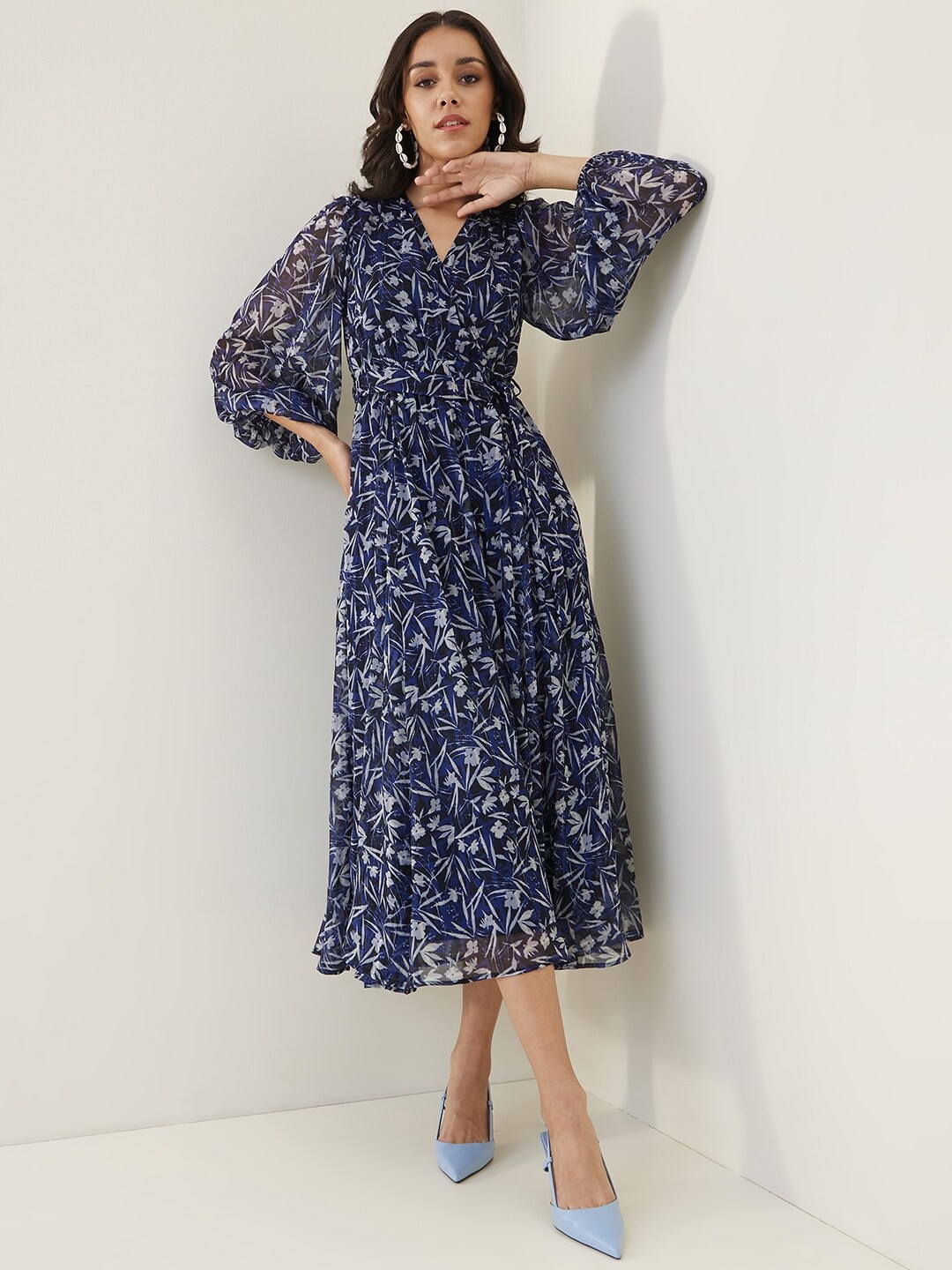 

Femella Printed Belted Wrap Dress, Blue