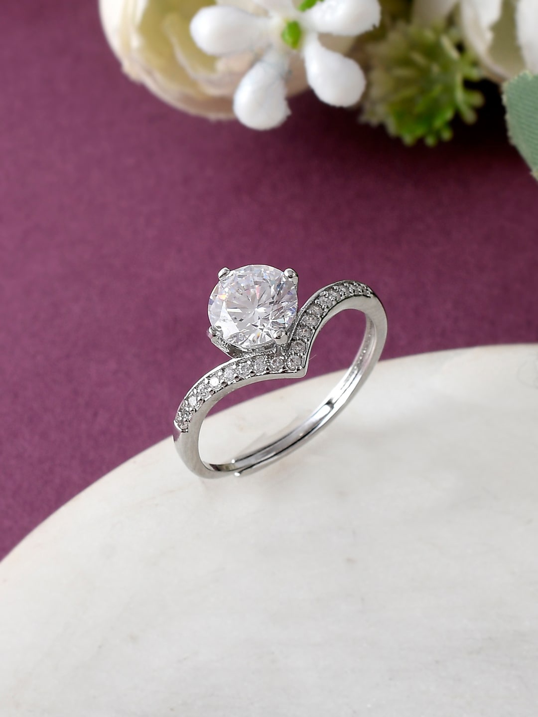 

Voylla Silver-Plated CZ Studded Adjustable Finger Ring