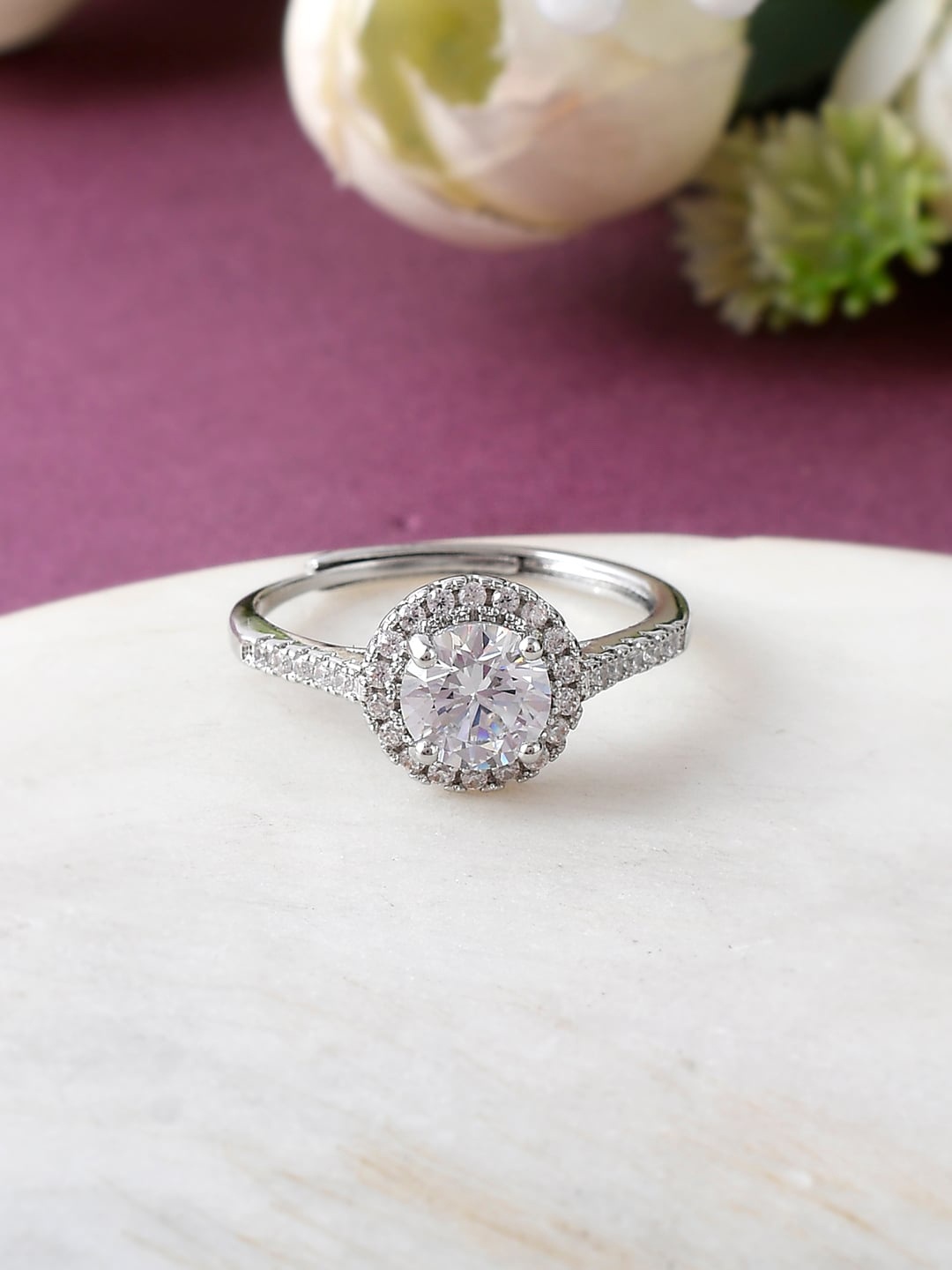 

Voylla Silver-Plated CZ-Studded Adjustable Finger Ring
