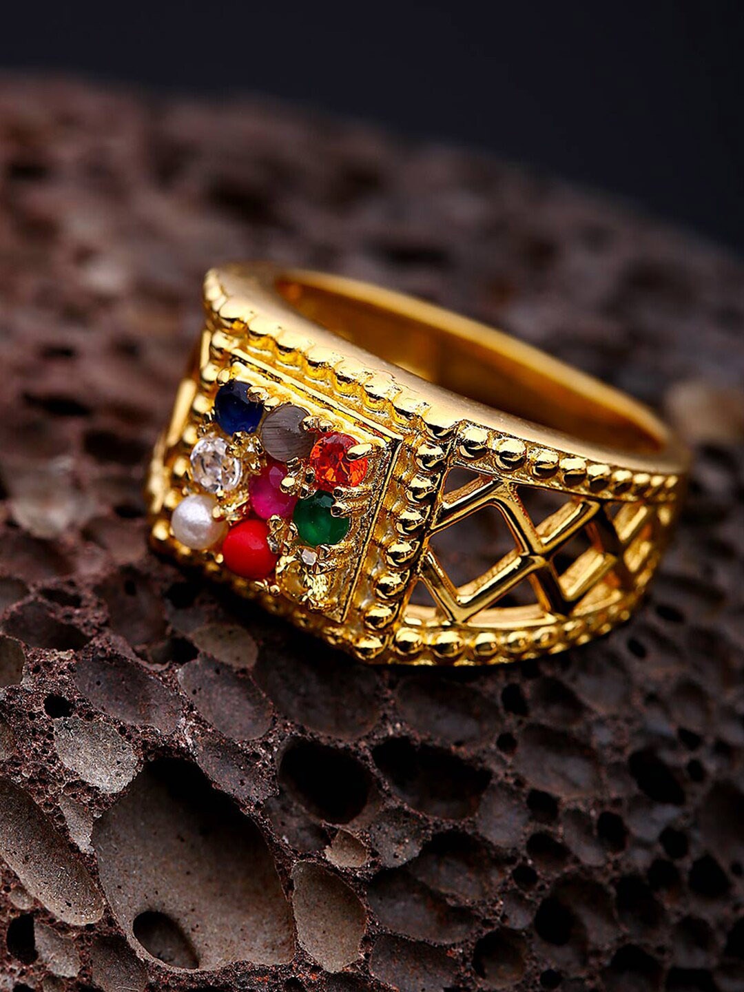 

Dare by Voylla Men Gold-Plated Navaratn Finger Ring