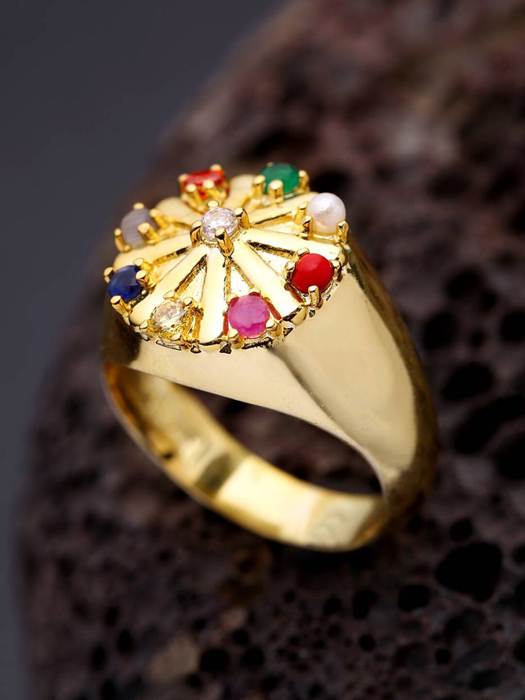 

Dare by Voylla Navratan Men Gold-Plated Stone-Studded Finger Ring