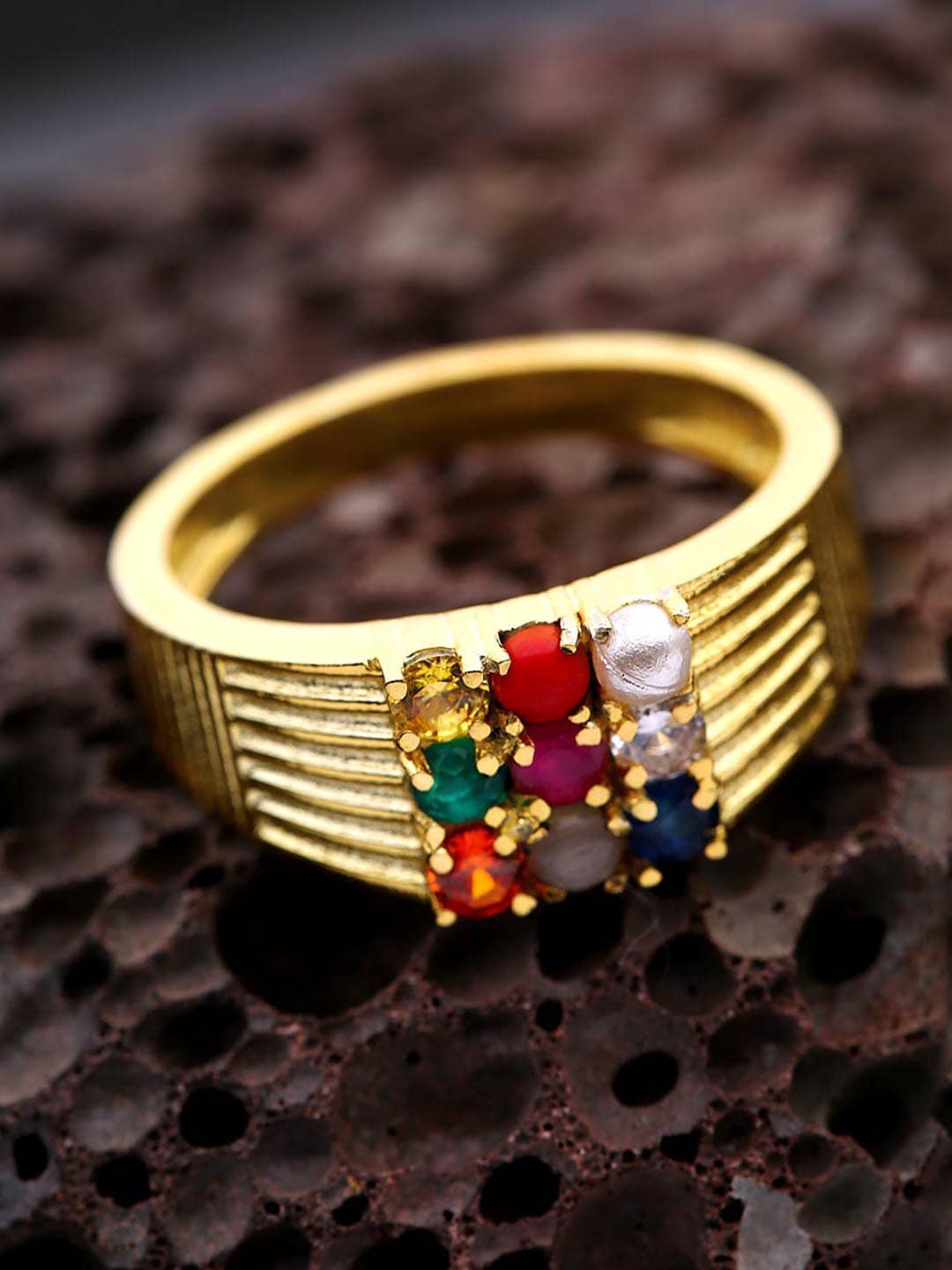 

Dare by Voylla Men Gold-Plated Zircon Gemstones Studded Finger Ring