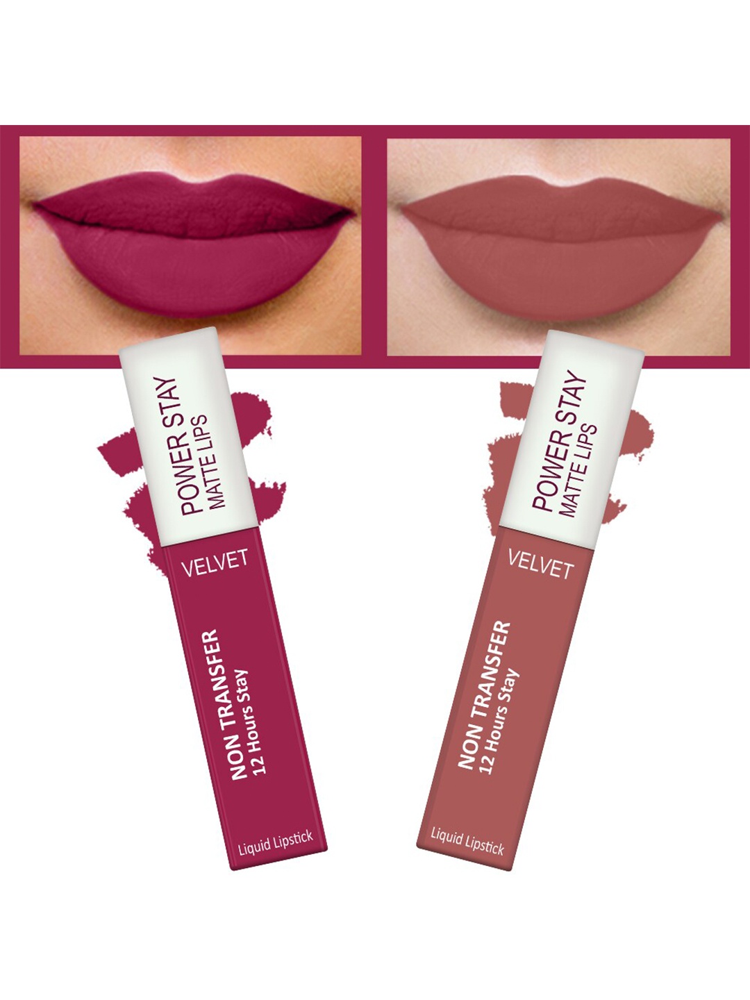 

FORFOR Set of 2 Power Stay Matte Lips Non-Transfer 12 Hours Stay Velvet Matte Liquid Lipstick 4 ml Each- Pink Blush 10-Sandy Nude 21