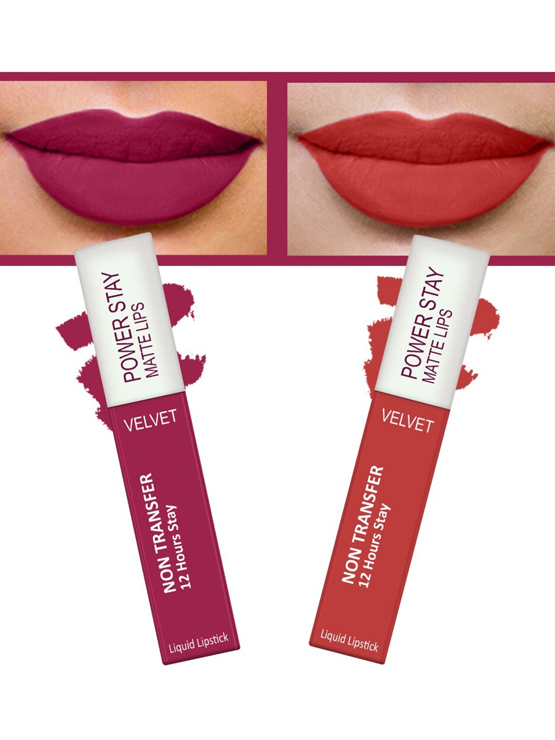 

FORFOR Set of 2 Power Stay Matte Lips Non-Transfer 12 Hours Stay Velvet Matte Liquid Lipstick 4 ml Each- Pink Blush 10-Candy Red 01