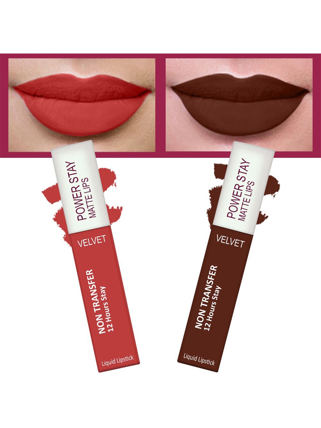 

FORFOR Set of 2 Power Stay Matte Lips Non-Transfer 12 Hours Stay Velvet Matte Liquid Lipstick 4 ml Each- Candy Red 01-Cocoa Brown 16