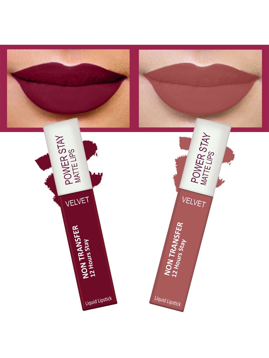 

FORFOR Set of 2 Power Stay Matte Lips Non-Transfer 12 Hours Stay Velvet Matte Liquid Lipstick 4 ml Each- Bridal Maroon 09-Sandy Nude 21