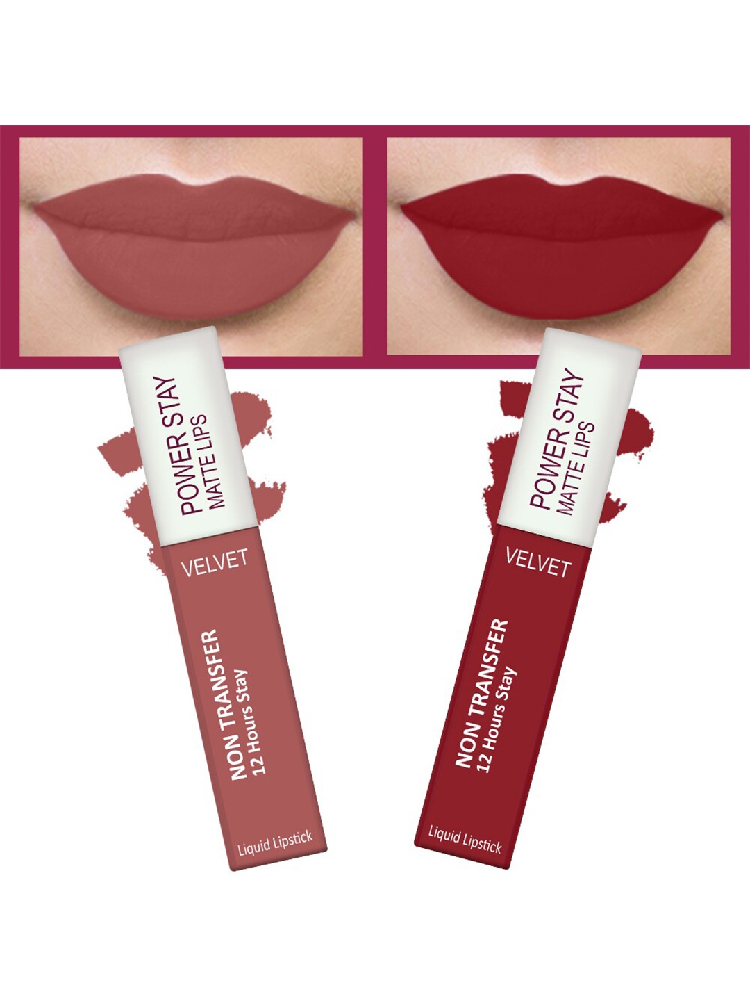 

FORFOR Set of 2 Power Stay Matte Lips Non-Transfer 12 Hours Stay Velvet Matte Liquid Lipstick 4 ml Each- Peppy Red 22-Sandy Nude 21