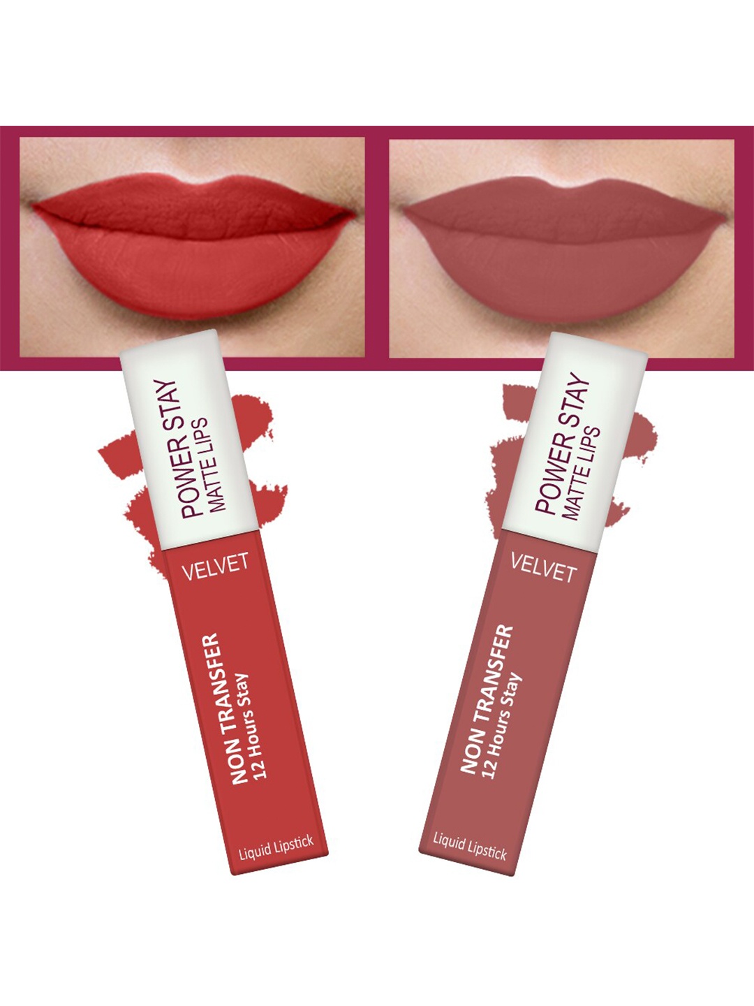 

FORFOR Set of 2 Power Stay Matte Lips Non-Transfer 12 Hours Stay Velvet Matte Liquid Lipstick 4 ml Each- Candy Red 01-Sandy Nude 21