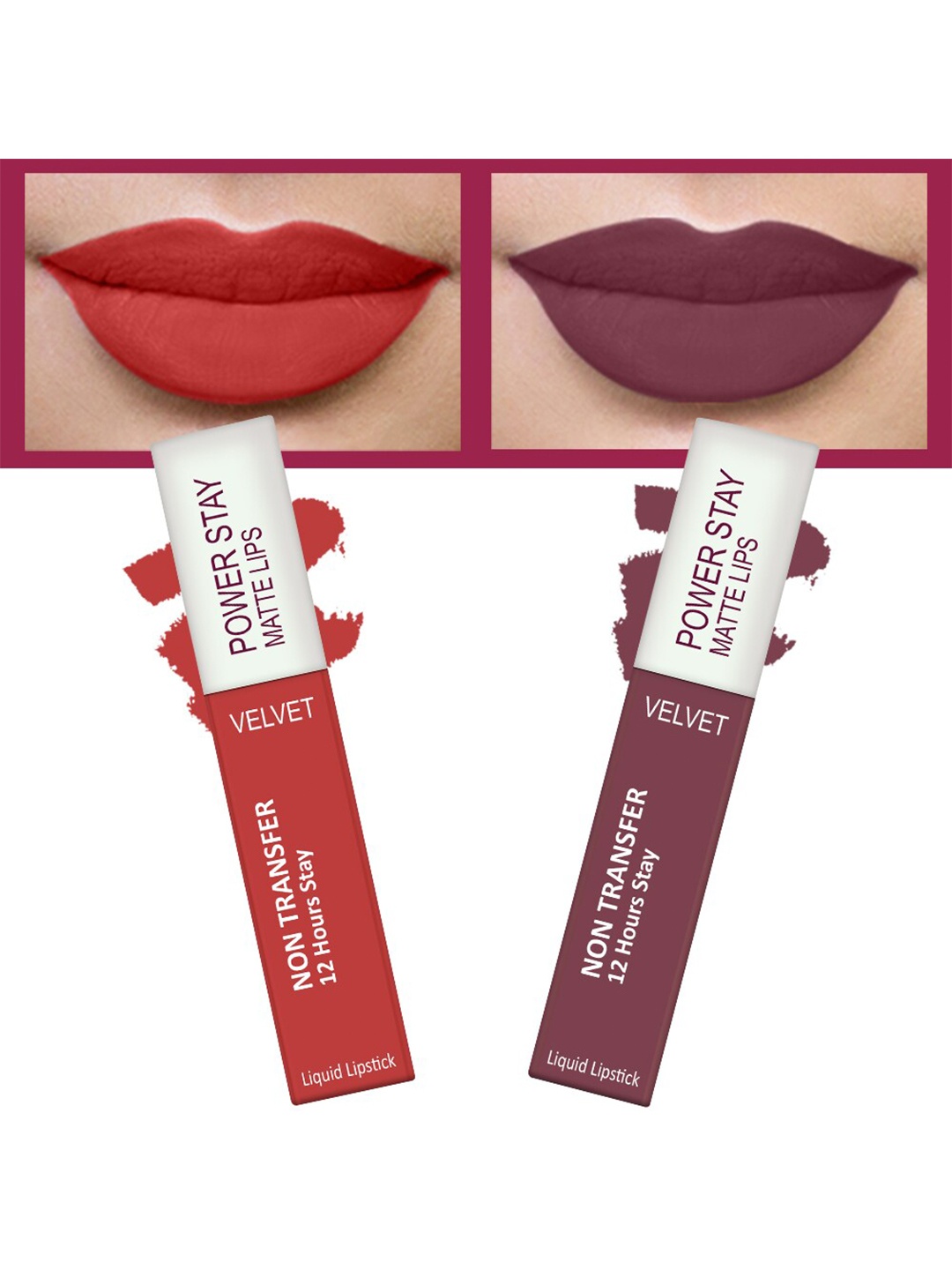 

FORFOR Set of 2 Power Stay Matte Lips Non-Transfer 12 Hours Stay Velvet Matte Liquid Lipstick 4 ml Each- Candy Red 01- Mauve Matte 23