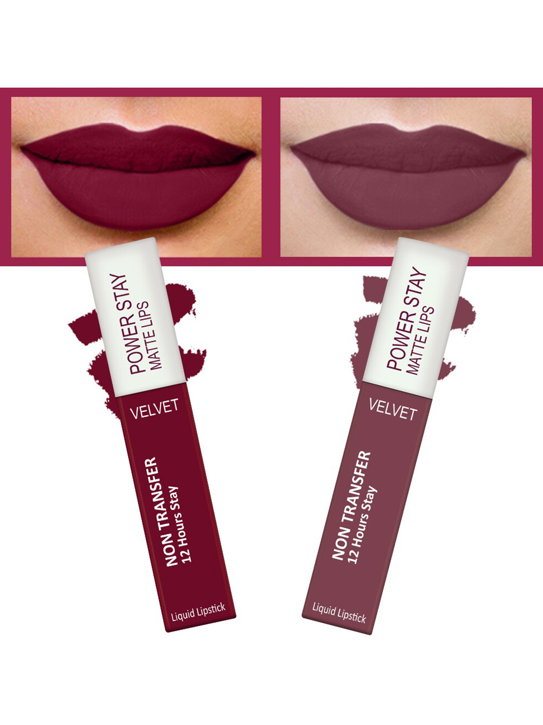 

FORFOR Set of 2 Power Stay Matte Lips Non-Transfer 12 Hours Stay Velvet Matte Liquid Lipstick 4 ml Each- Bridal Maroon 09-Mauve Matte 23