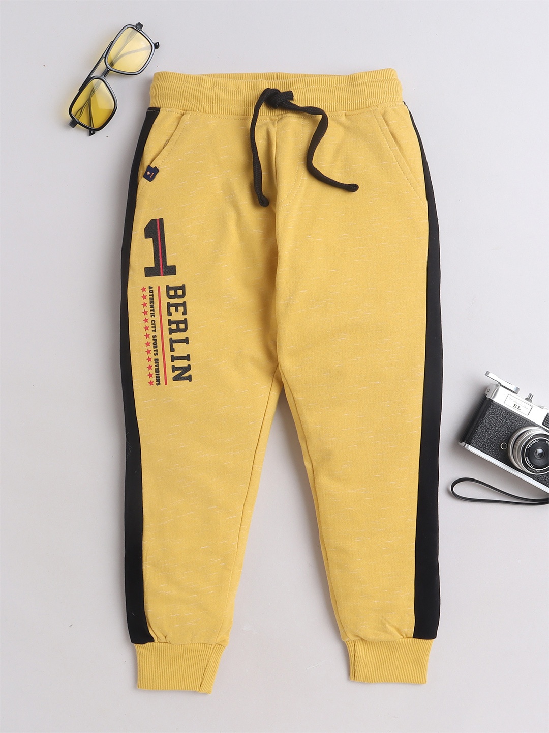 3PIN Boys Typography Printed Cotton Relaxed-Fit Joggers, Mustard