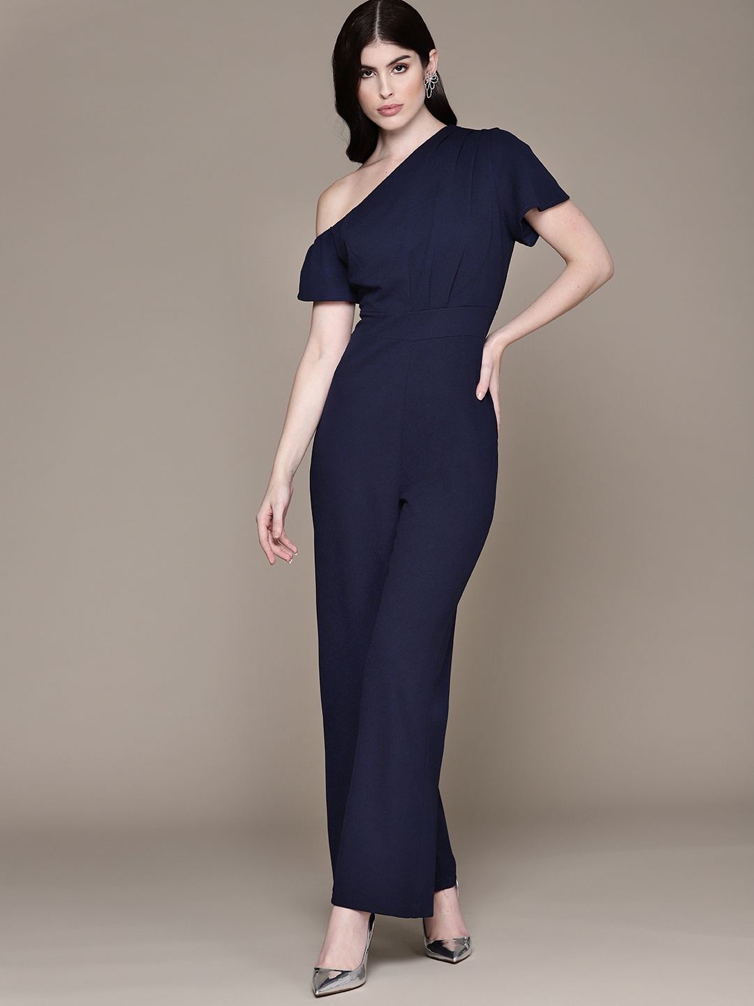 

bebe Solid Future Glam One-Shoulder Basic Jumpsuit, Navy blue