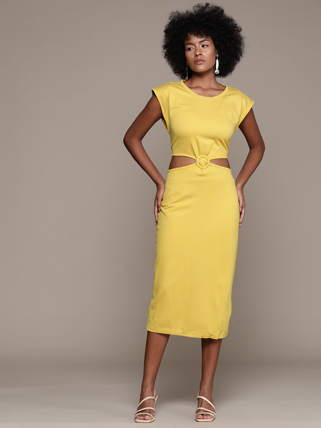 

bebe Future Glam Cut-Out Sheath Midi Dress, Mustard