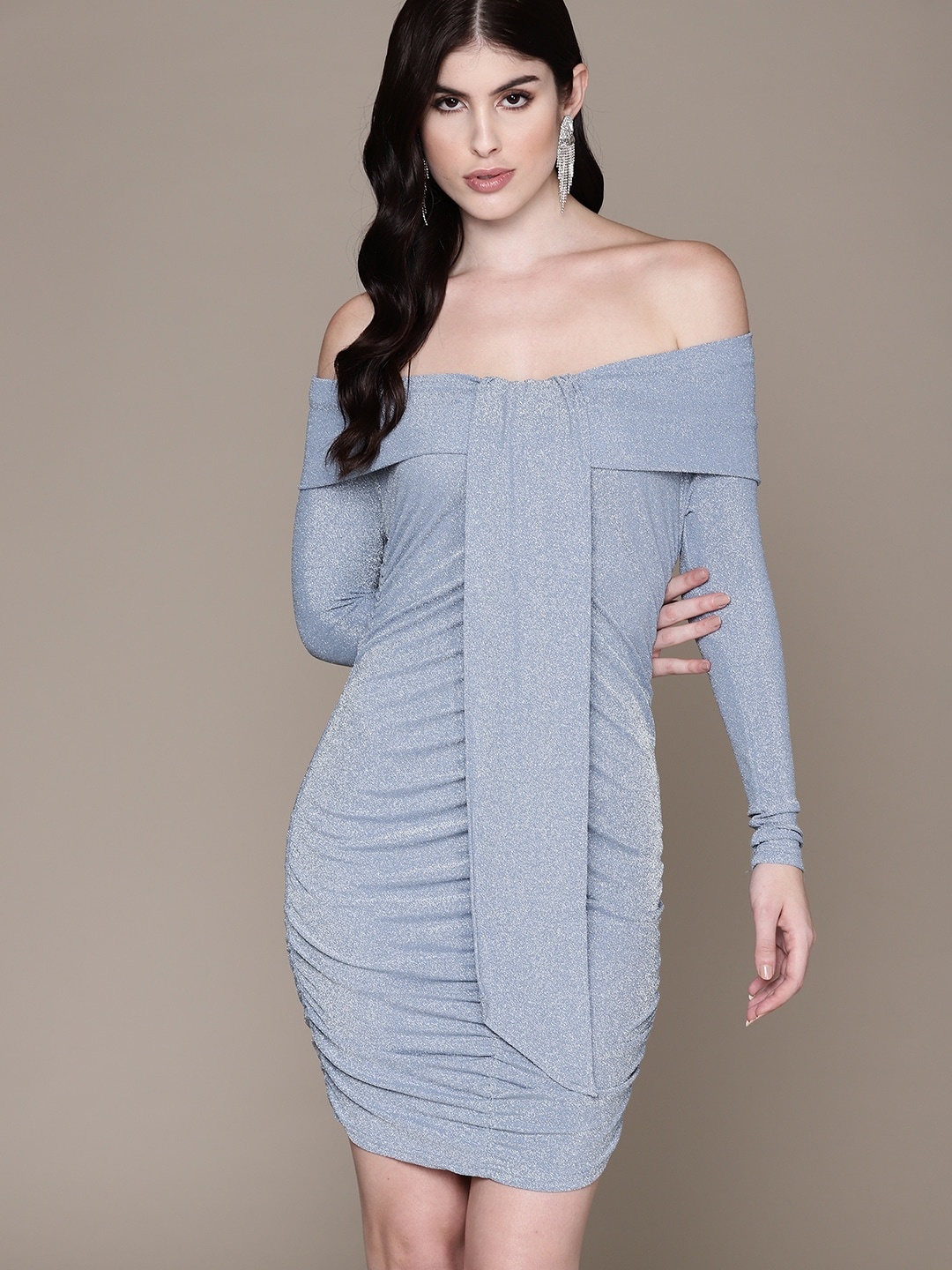 

bebe Future Glam Shimmery Off-Shoulder Ruched Bodycon Mini Dress, Grey