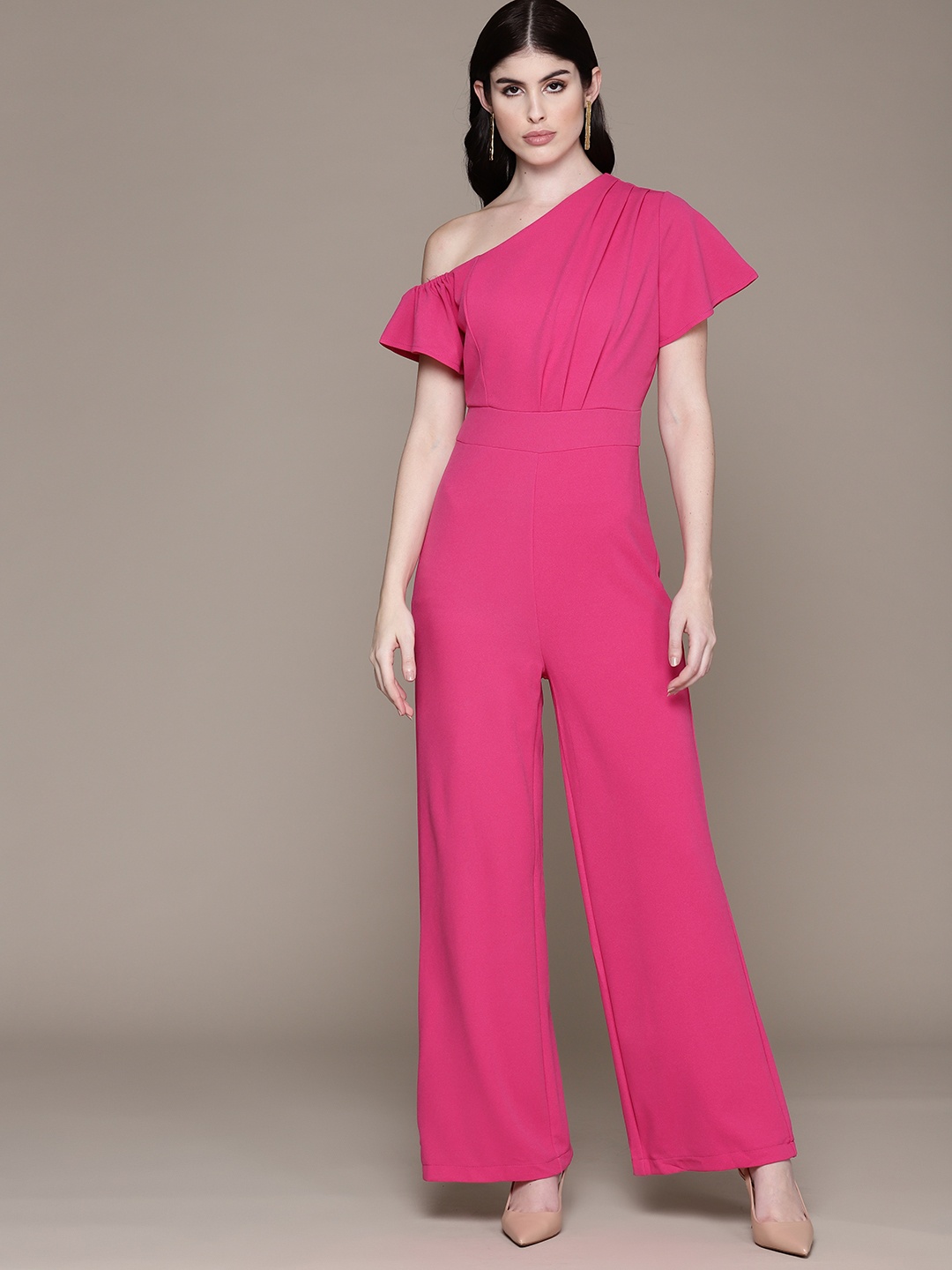 

bebe Solid Future Glam One-Shoulder Basic Jumpsuit, Pink