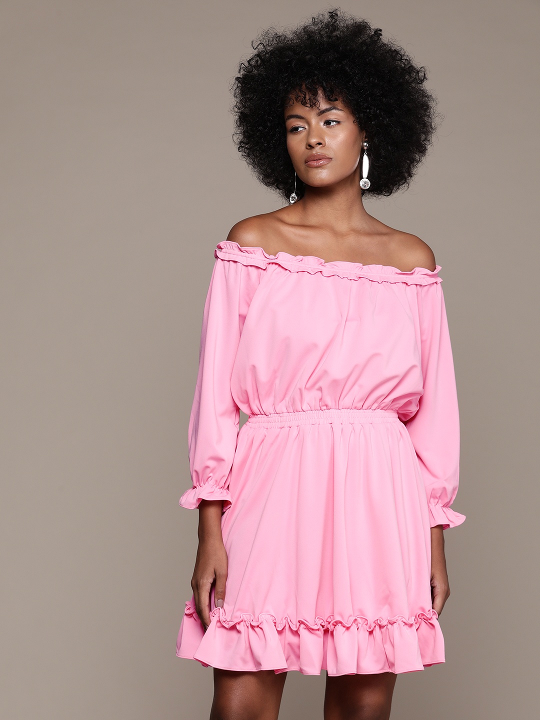 

bebe Soft Romance Off-Shoulder Puff Sleeve Ruffled A-Line Dress, Pink
