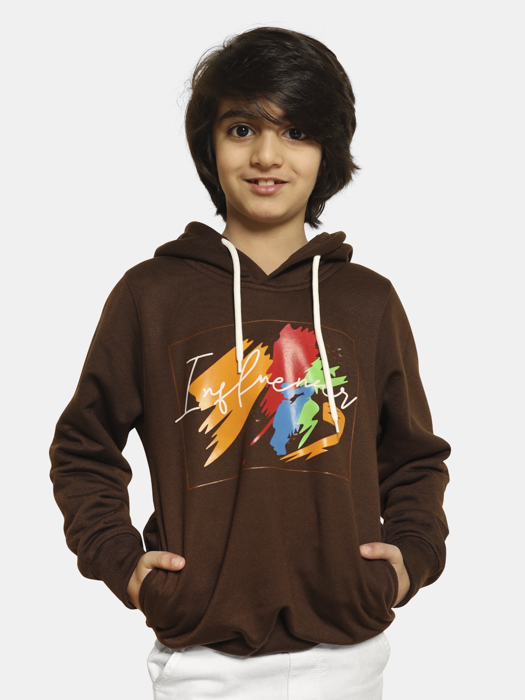 

FASHION DREAM Boys Printed Hooded Fleece Sweatshirt, Brown