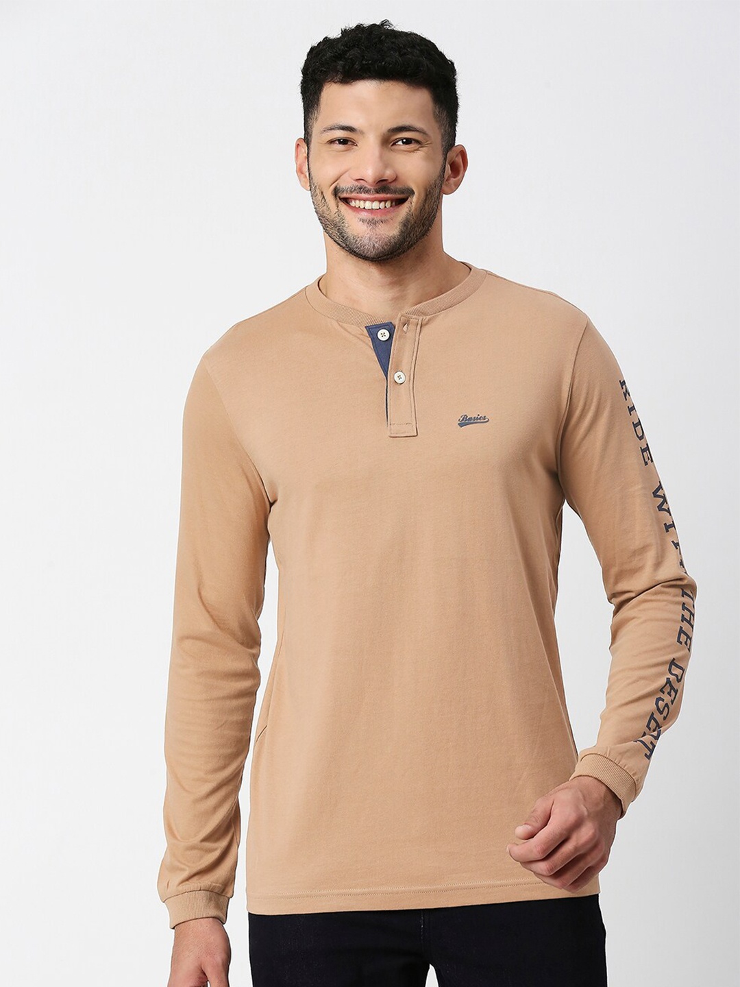 

Basics Men Brown Typography Printed Pure Cotton Slim Fit T-shirt