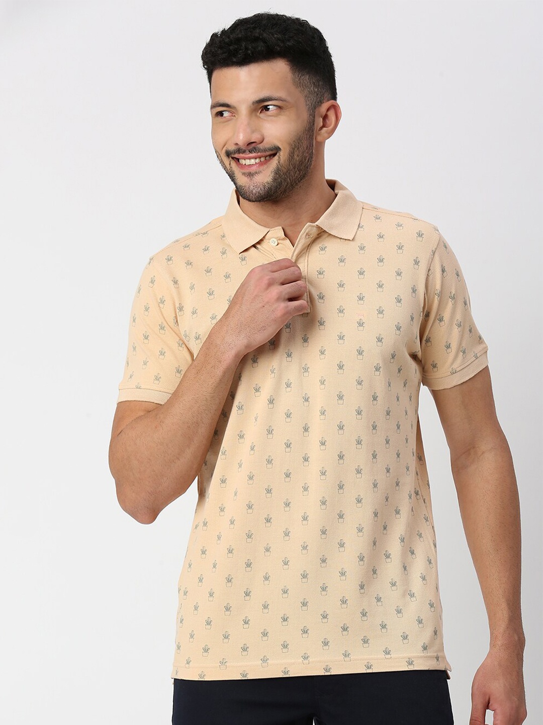 

Basics Men Printed Polo Collar Pure Cotton Slim Fit T-shirt, Beige