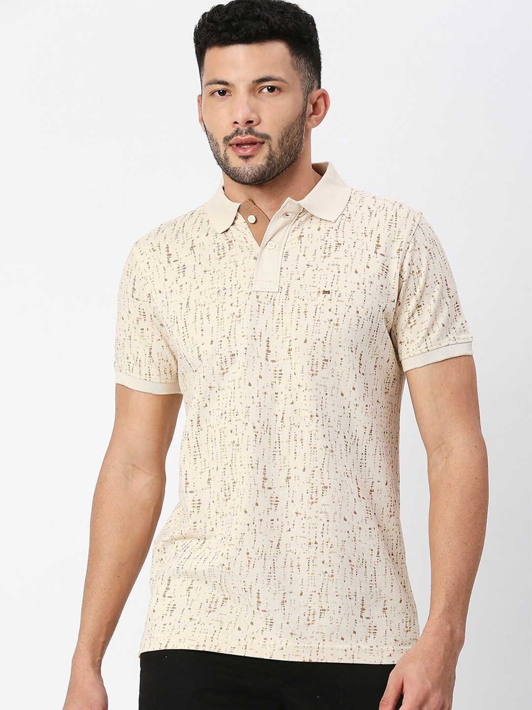 

Basics Men Printed Polo Collar Pure Cotton Slim Fit T-shirt, Tan