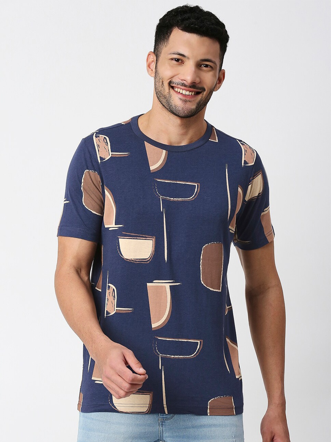 

Basics Men Printed Pure Cotton Slim Fit T-shirt, Navy blue