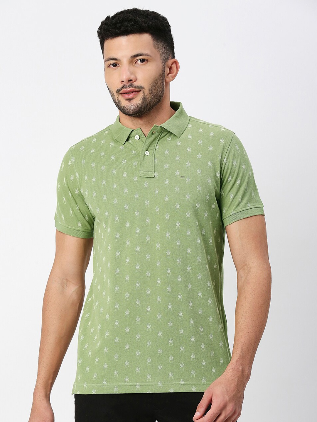 

Basics Men Printed Polo Collar Pure Cotton Slim Fit T-shirt, Green