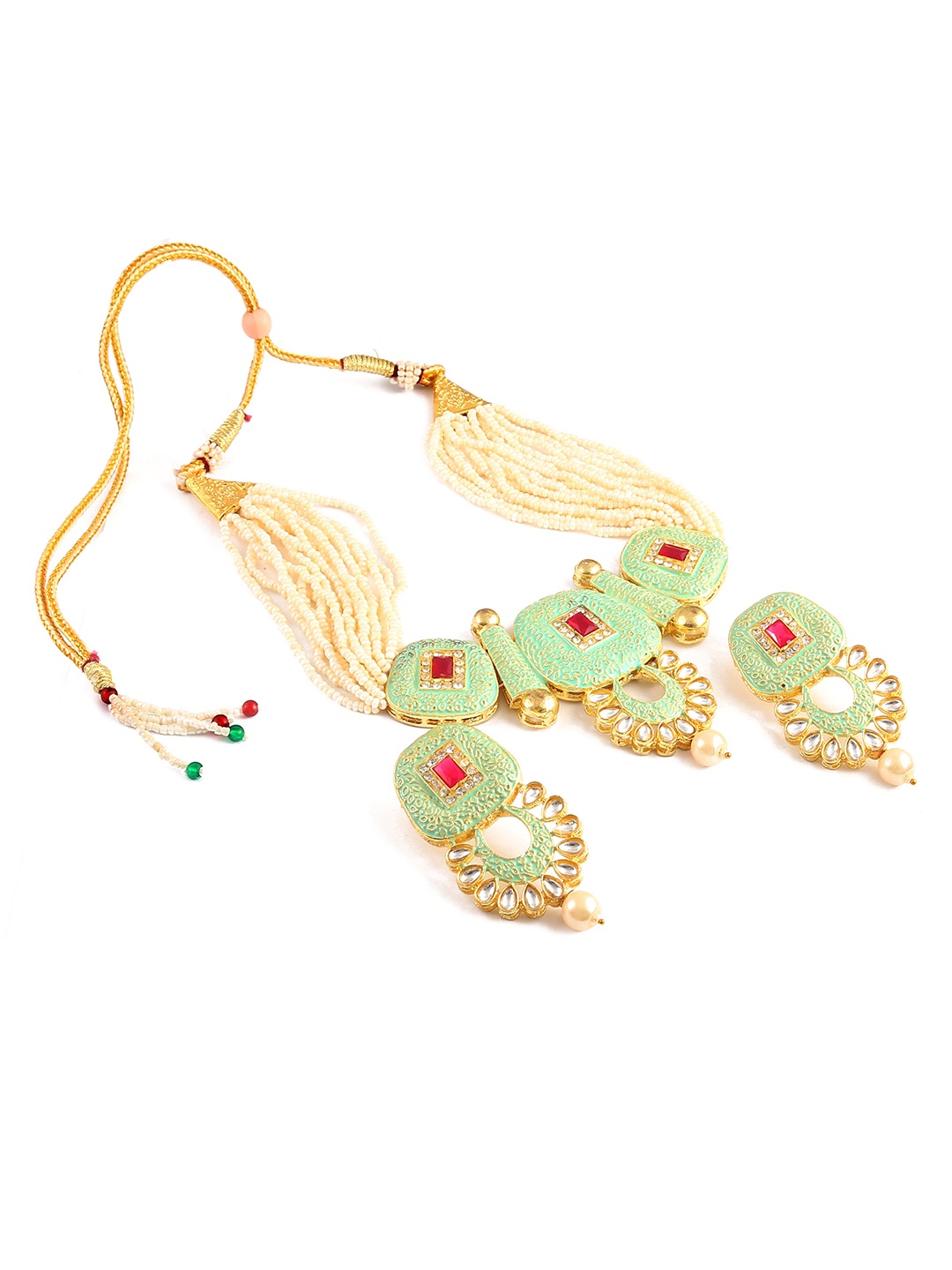 

Jewar Mandi Women Gold-Plated Kundan Studded & Beaded Choker Jewellery Set, Lime green