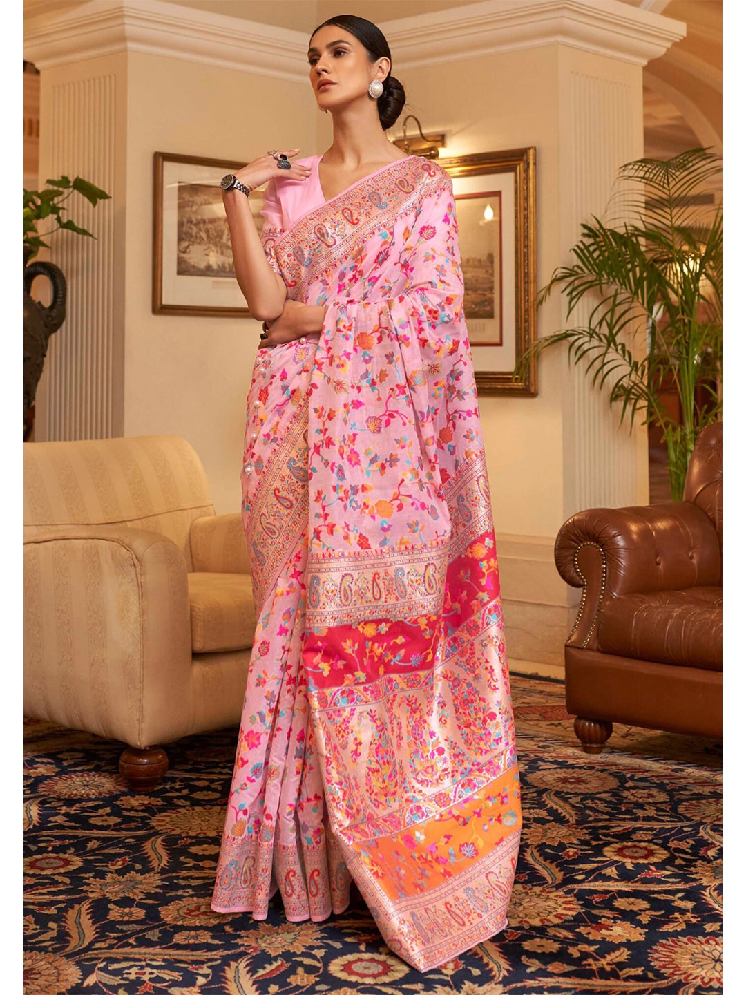 

Ekta Textiles Ethnic Motif Woven Design Zari Pure Silk Banarasi Saree, Pink