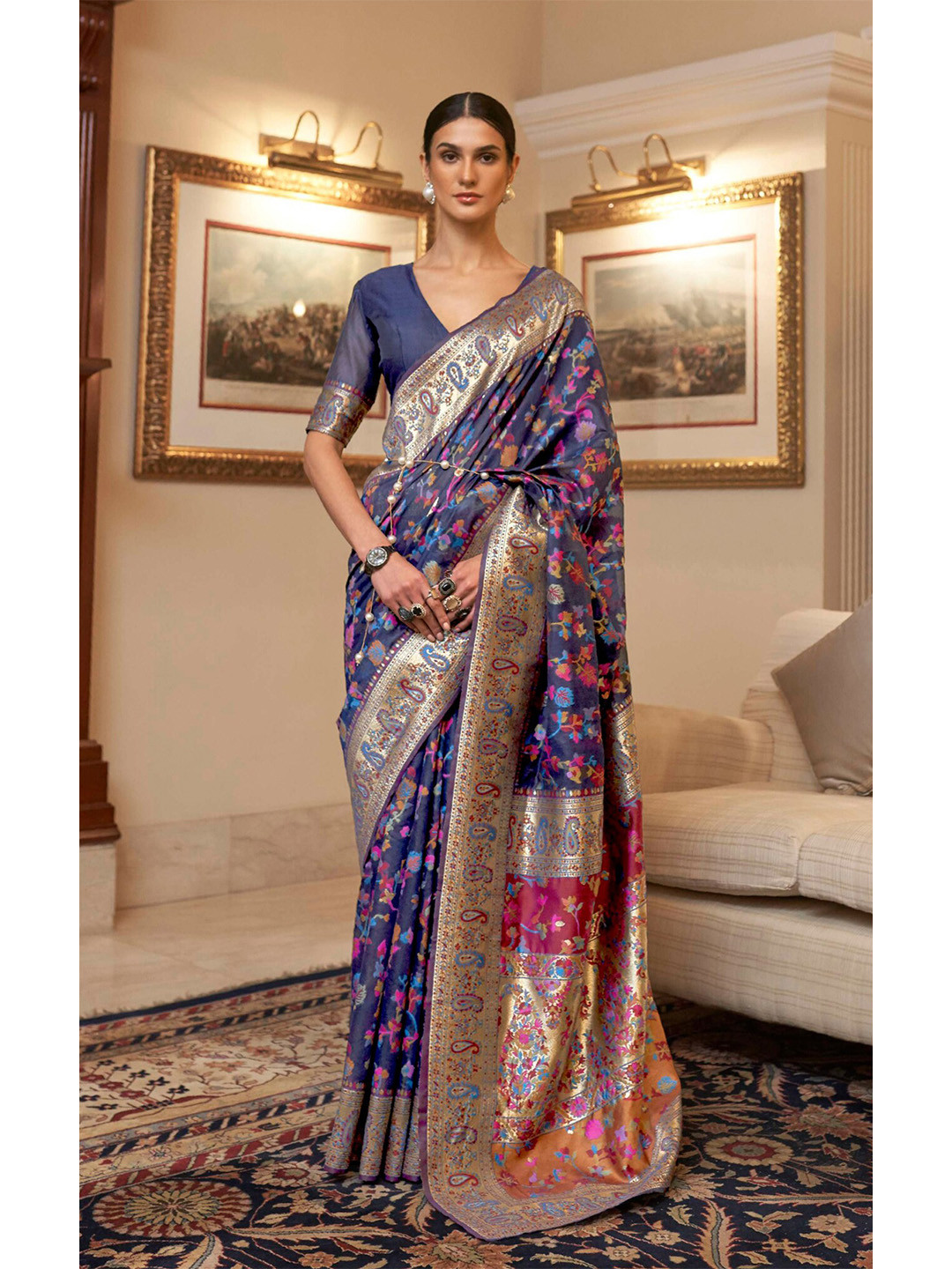 

Ekta Textiles Woven Design Zari Pure Silk Banarasi Saree, Navy blue