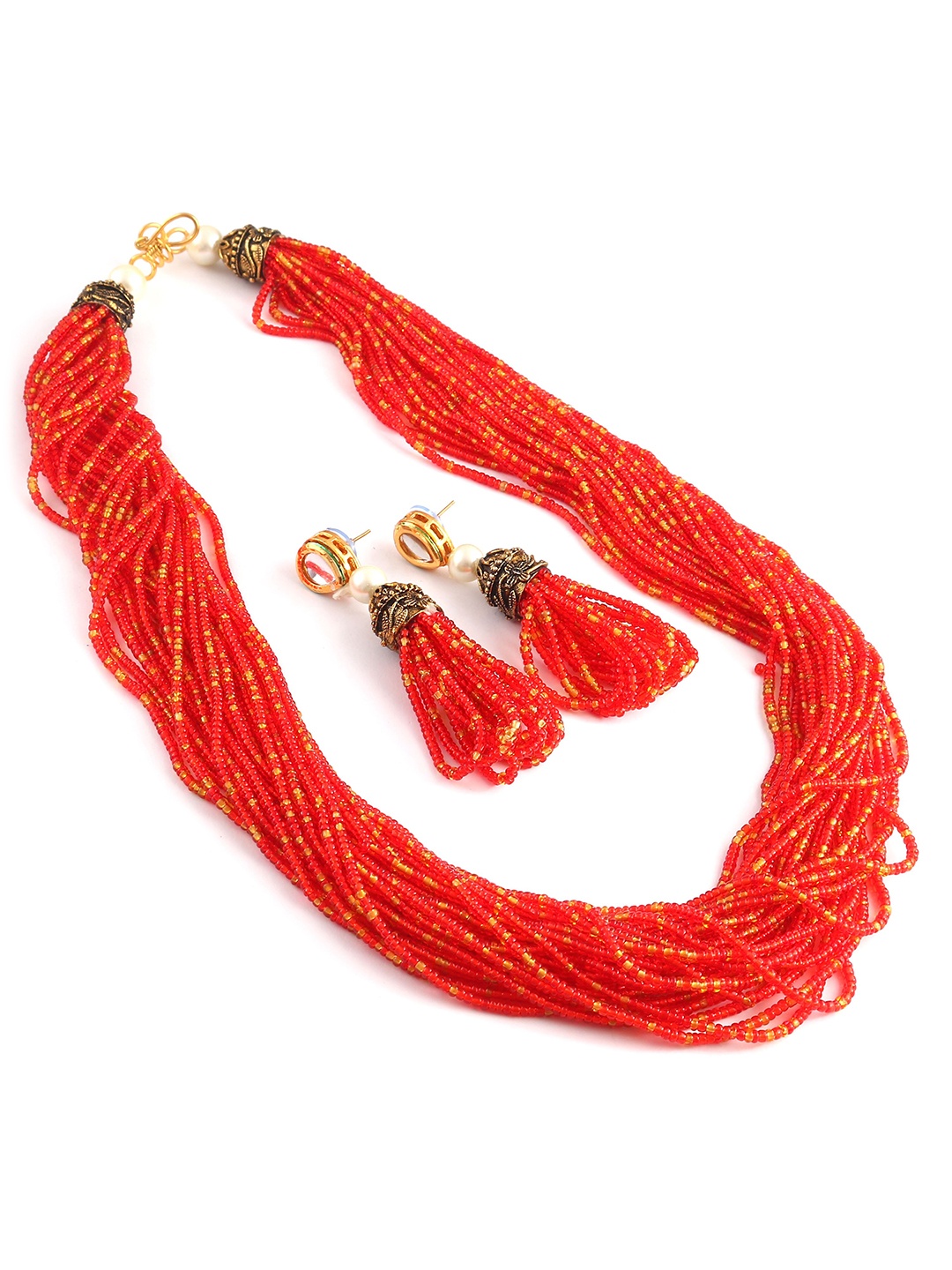 

Jewar Mandi Gold-Plated Crystal-Studded & Pearl Beaded Jewellery Set