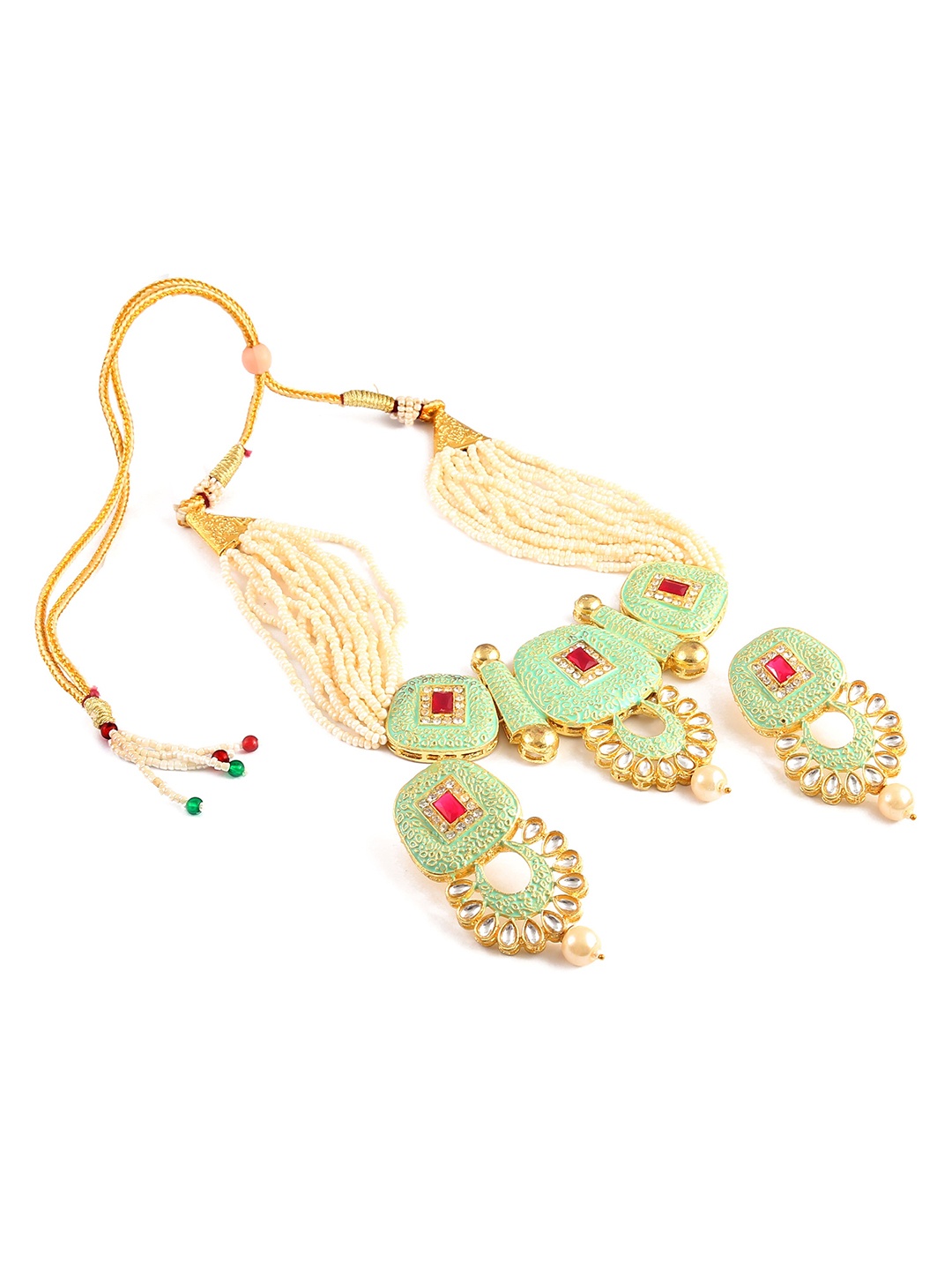 

Jewar Mandi Gold-Plated Kundan-Studded & Pearl Beaded Jewellery Set