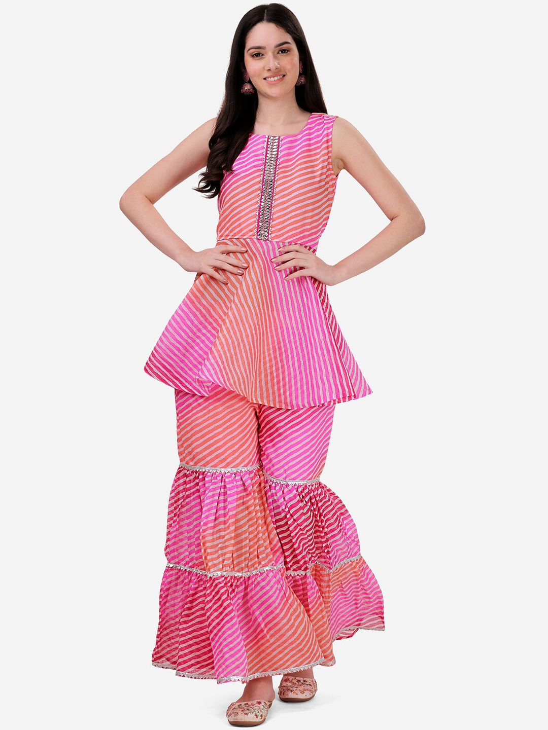 

HERE&NOW Printed Empire Mukaish Kurti with Sharara, Pink
