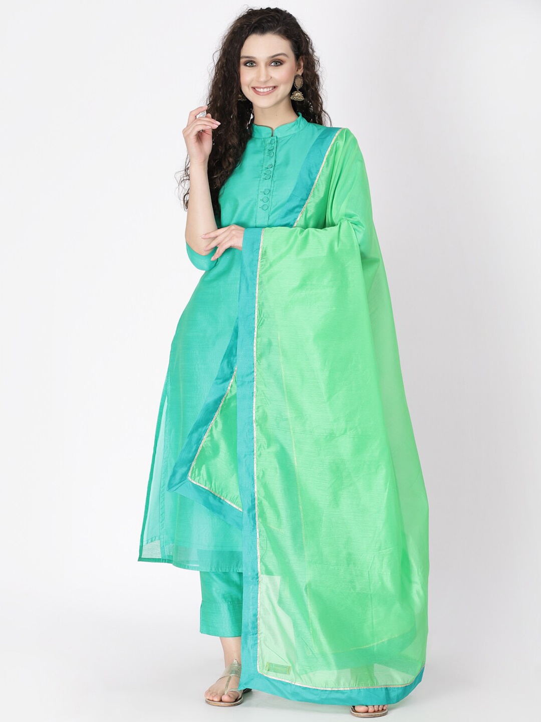 

Desi Weavess Women Chanderi Silk Kurta with Trousers & Dupatta, Sea green