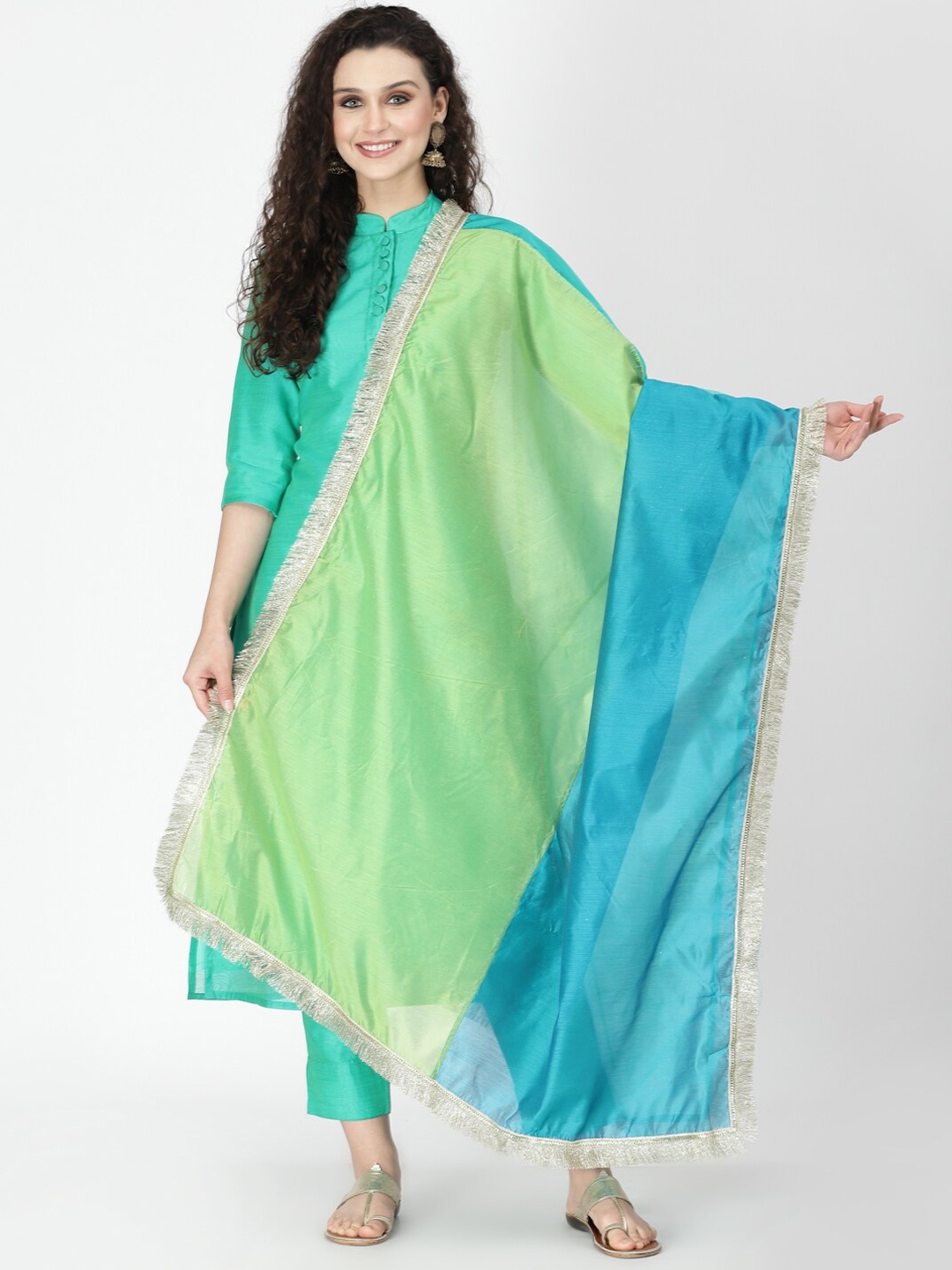 

Desi Weavess Women Chanderi Silk Kurta with Trousers & Dupatta, Sea green