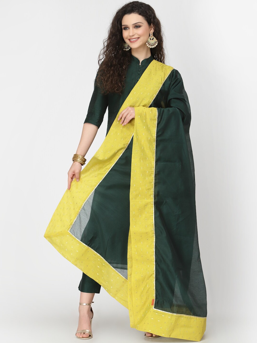 

Desi Weavess Mandarin Collar Chanderi Silk Kurta with Trousers & Dupatta, Olive