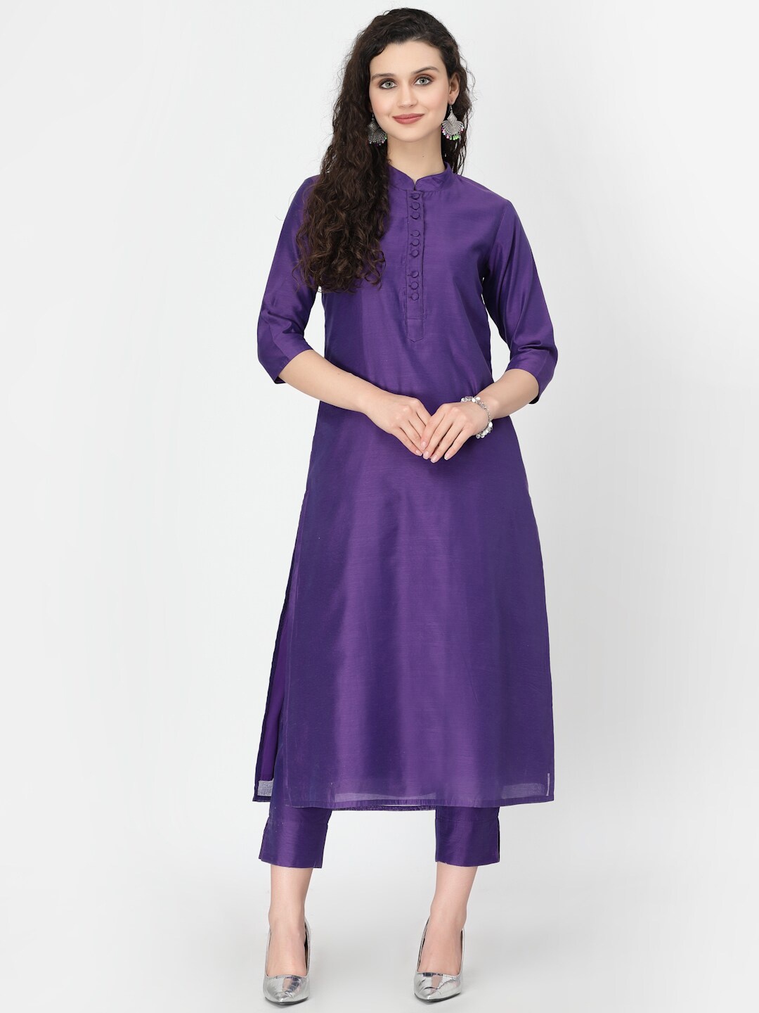 

Desi Weavess Mandarin Collar Chanderi Silk Kurta with Trousers & Dupatta, Purple