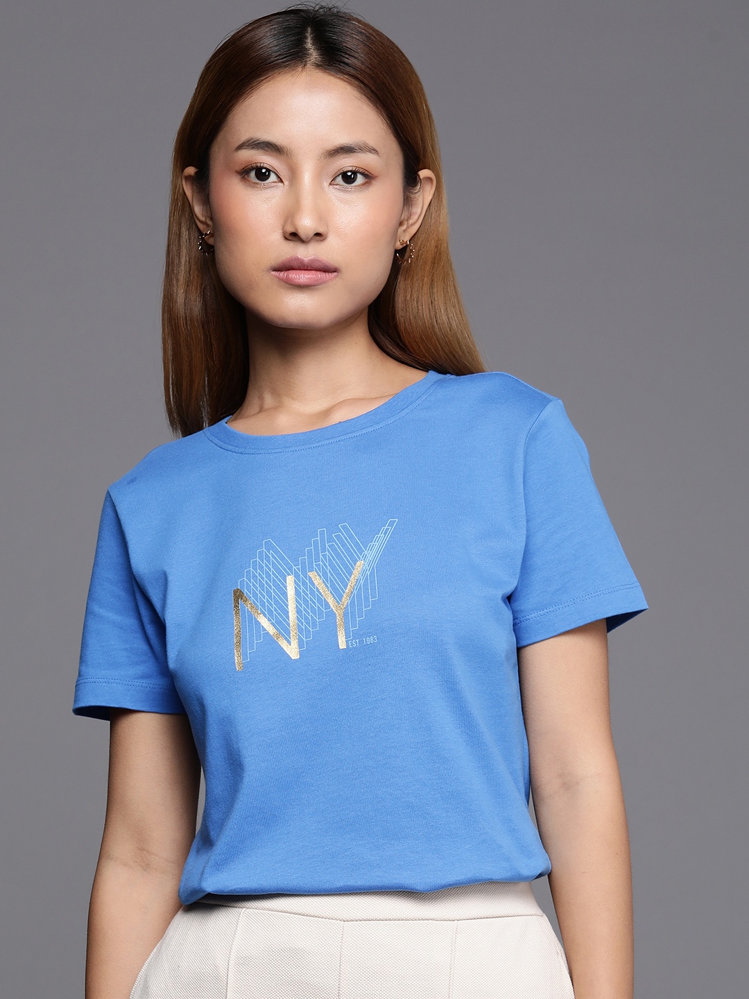 

Kenneth Cole Heritage Tee Women Campanula Blue Typography Printed Pure Cotton T-shirt