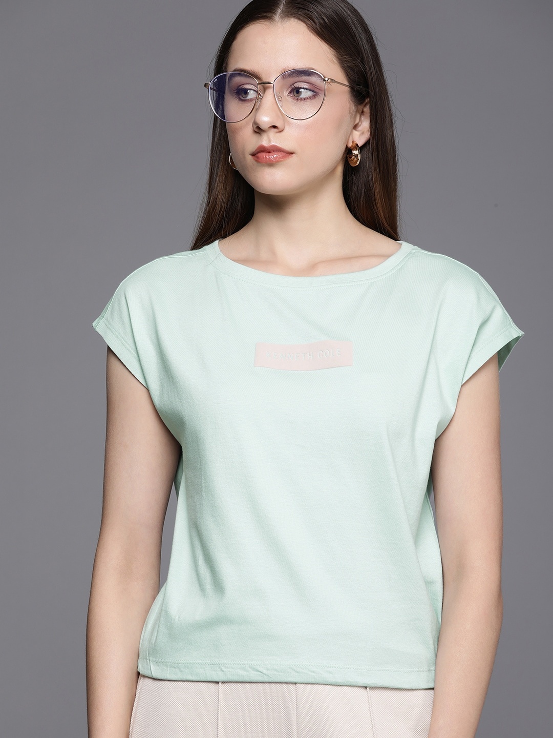 

Kenneth Cole Signature Tee Women Green Brand Logo Printed Pure Cotton T-shirt